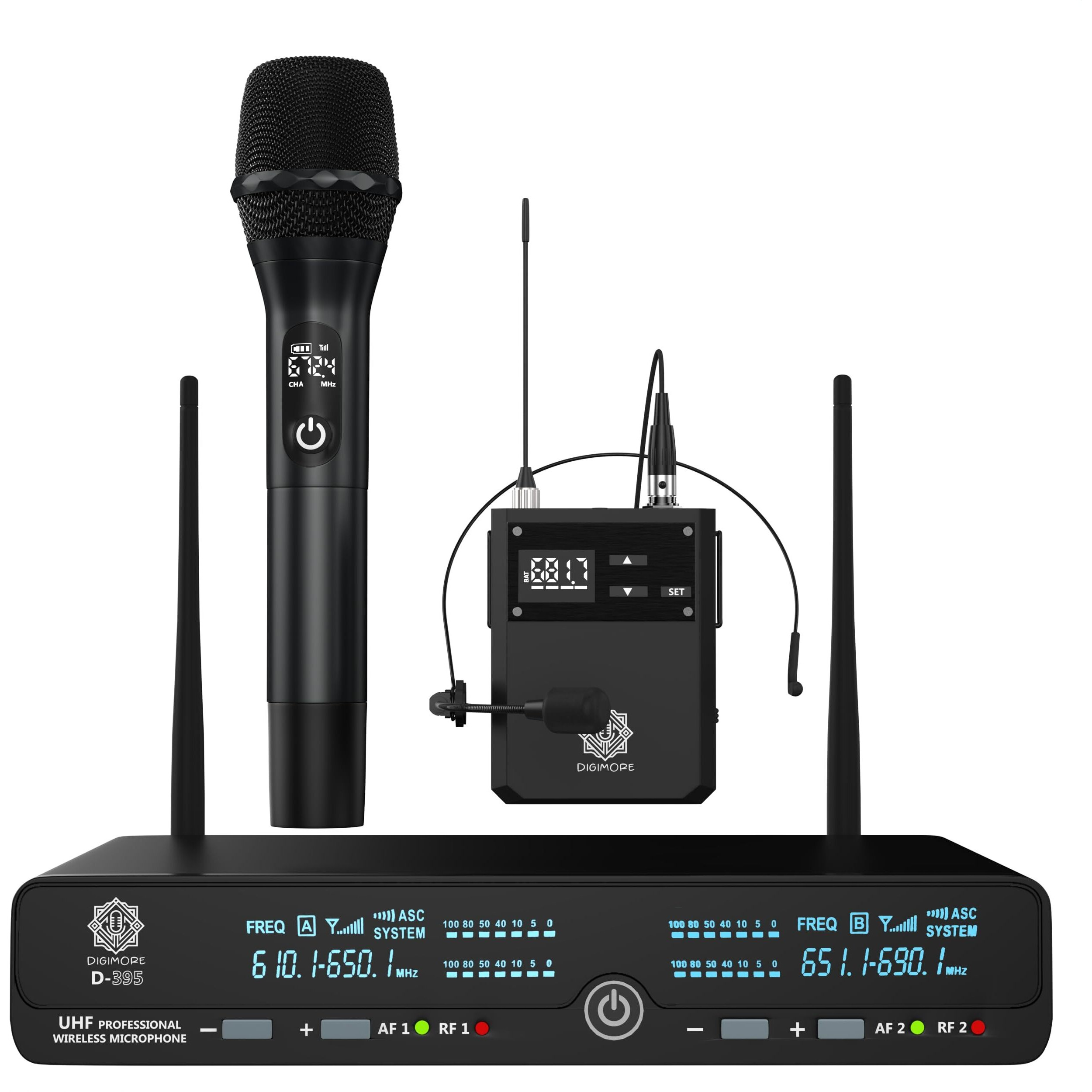 Digimore Uhf Wireless Microphone System | Handheld & Lavalier Mic | 72 Channels | 350 Ft Range | Metal Body | Ideal For Pa Systems, Stage, Church, Singing, Speech, Fitness, Conferences (D-395 Hl)