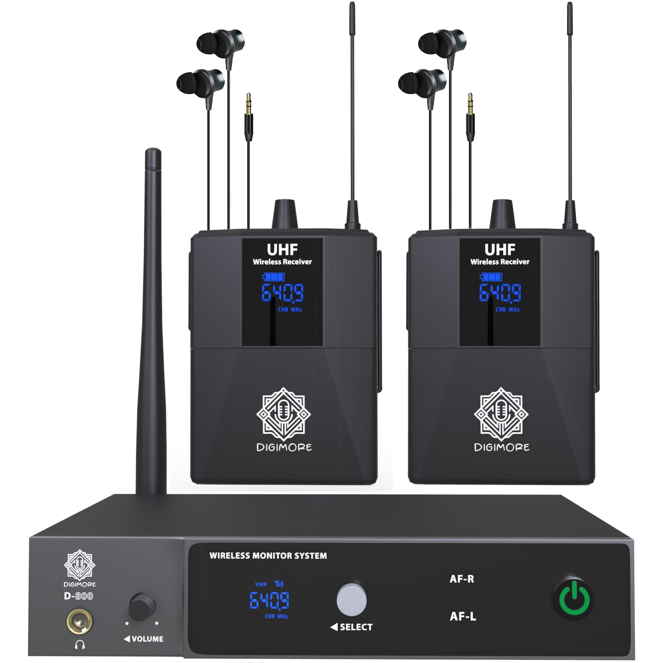 Digimore Uhf Wireless In-Ear Monitor System W 2 Receivers & Earphones | 300 Ft Range | Rack Mounts | Iem With No Noise & Crisp Monitoring | For Studio, Guitar, Band Rehearsal, Live Performance (D-820)