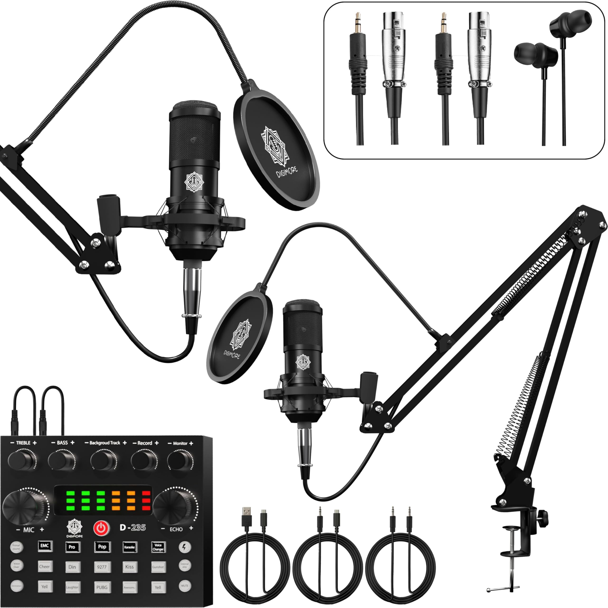 Digimore Dual Condenser Microphone Kit For Singing With V8 Sound Card | Studio Recording Equipments Full Set, Voice Recorder Mic, Karaoke, Gaming, Podcast & Lecture (D-432)