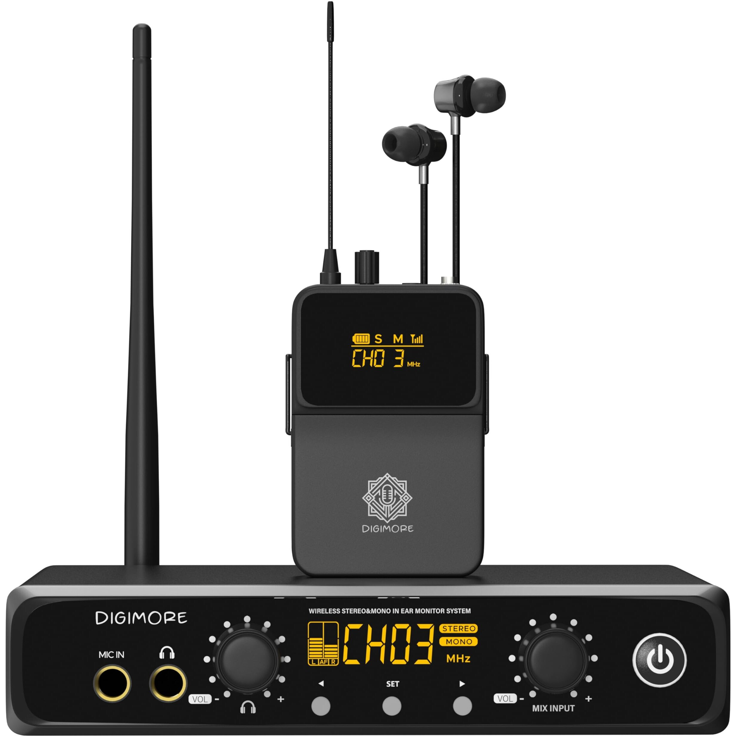 Digimore Uhf Wireless In-Ear Monitor System With Earphones | 328 Ft Range | Rack Mount | Professional Stereo Sound Transmitter | For Studio, Guitar, Band Rehearsal, Live Performance (D-800 Pro)