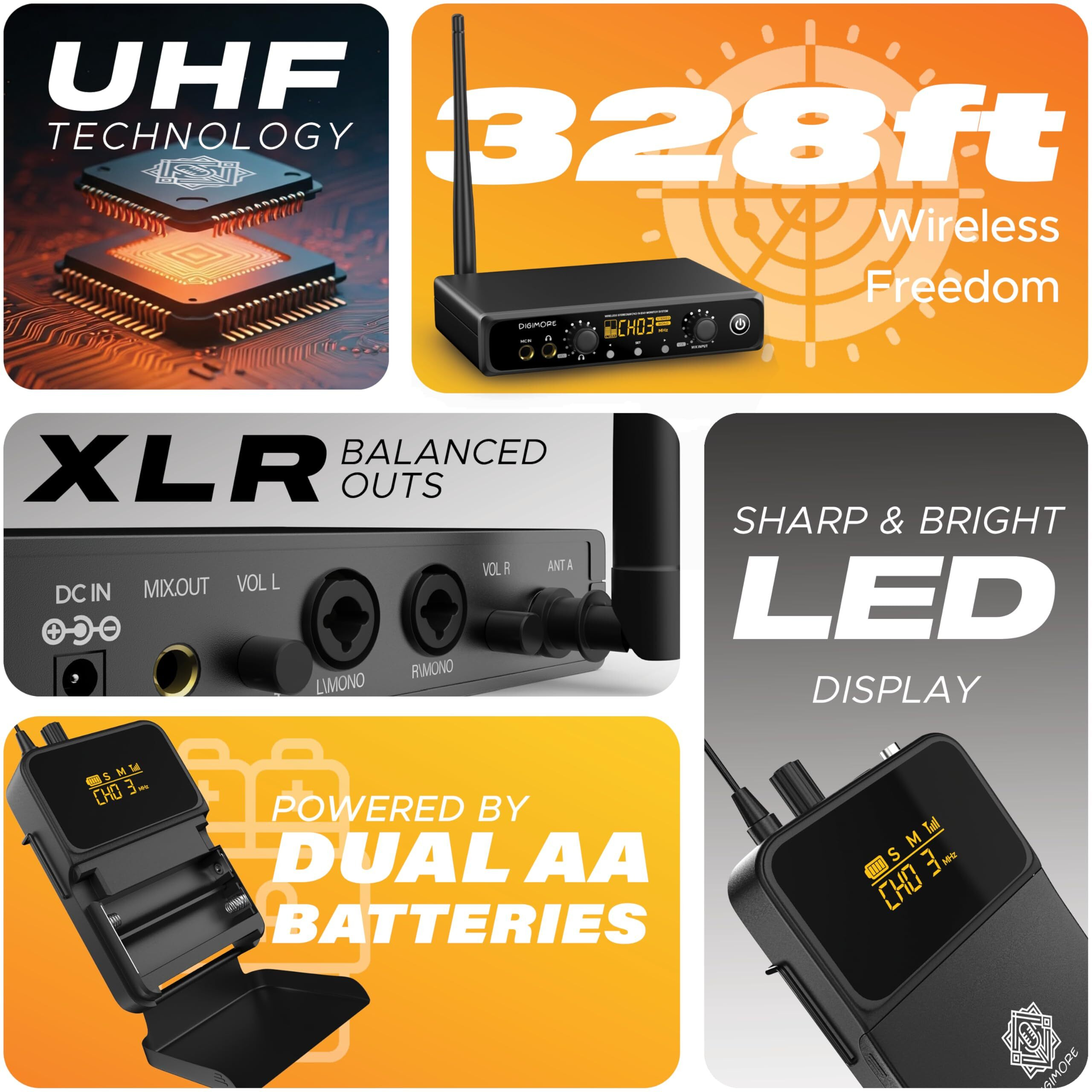 Digimore Uhf Wireless In-Ear Monitor System With Earphones | 328 Ft Range | Rack Mount | Professional Stereo Sound Transmitter | For Studio, Guitar, Band Rehearsal, Live Performance (D-800 Pro)
