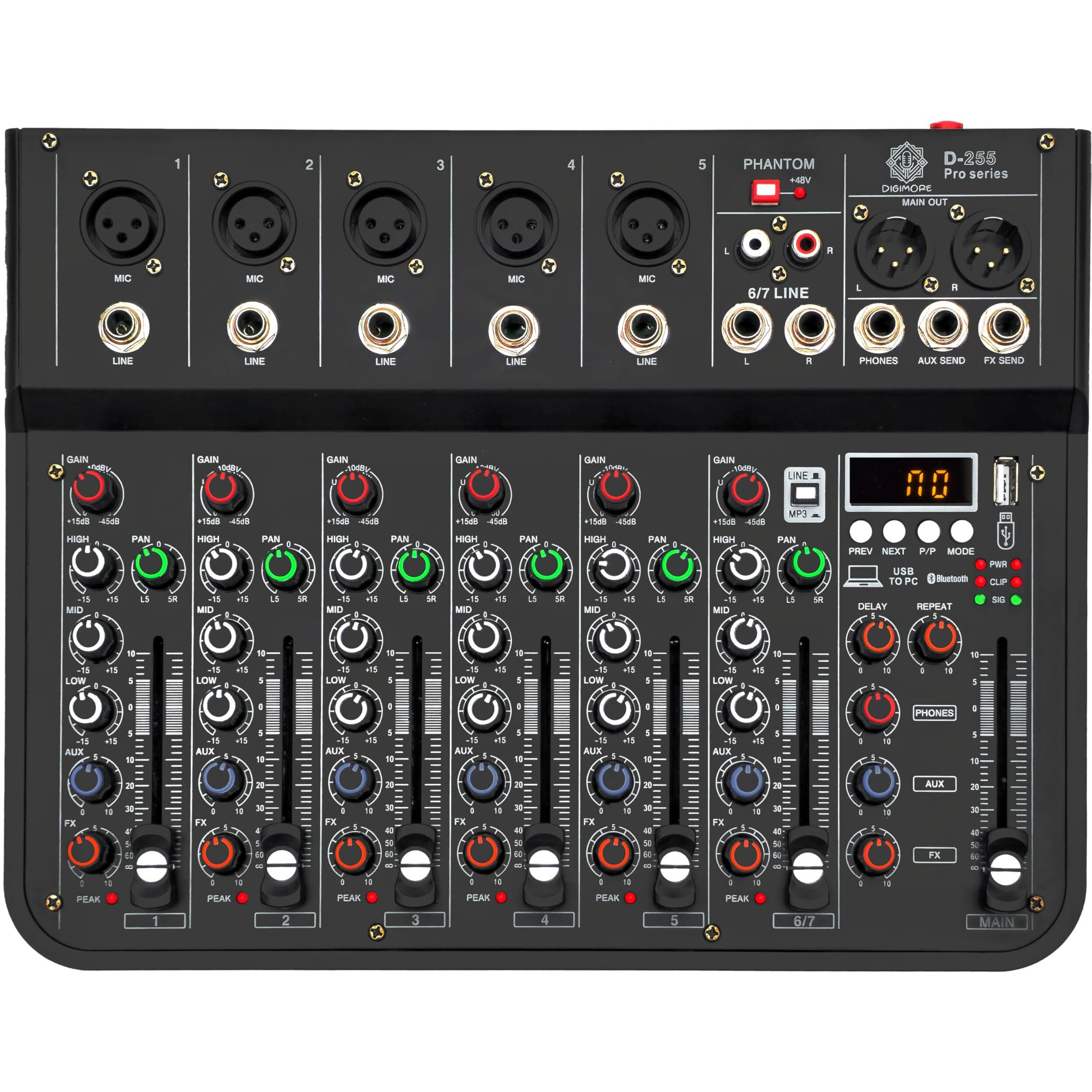Digimore 7 Channel Audio Mixer With Usb & Bt Playback | 48V Phantom Power | Stereo Xlr Outs | Delay & Reverb Effects | Ideal For Stage, Live Gigs, And Karaoke (D-255 Pro)