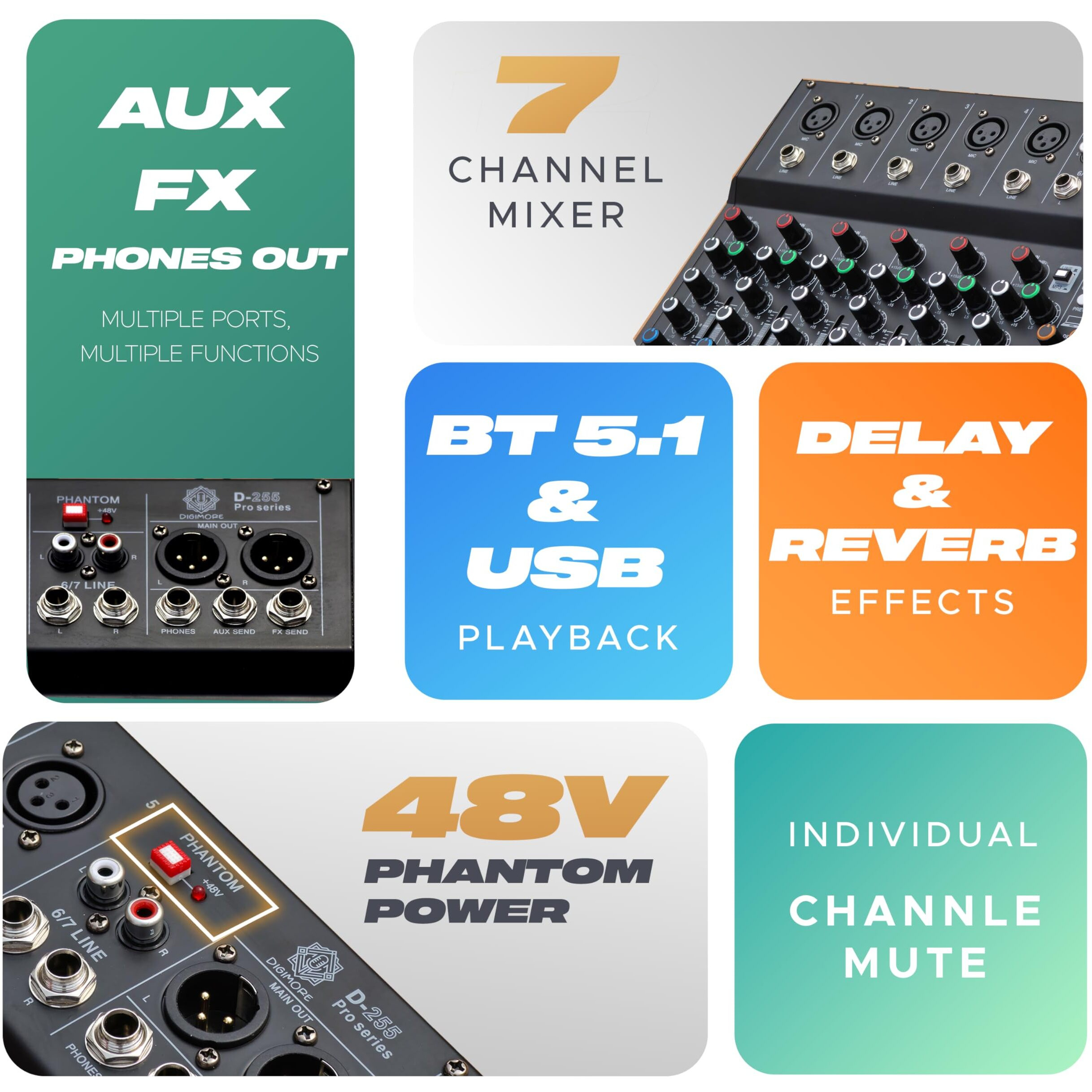 Digimore 7 Channel Audio Mixer With Usb & Bt Playback | 48V Phantom Power | Stereo Xlr Outs | Delay & Reverb Effects | Ideal For Stage, Live Gigs, And Karaoke (D-255 Pro)