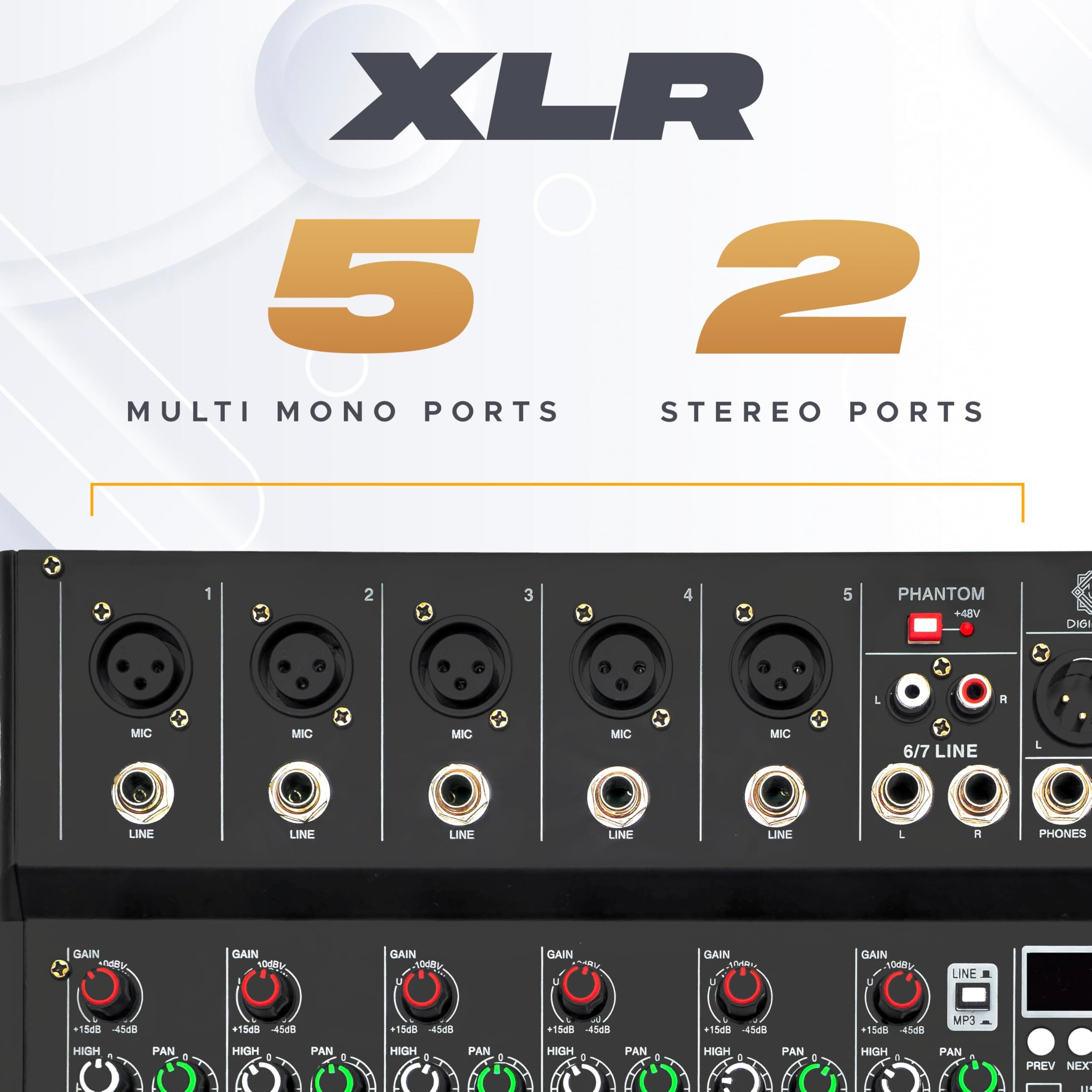 Digimore 7 Channel Audio Mixer With Usb & Bt Playback | 48V Phantom Power | Stereo Xlr Outs | Delay & Reverb Effects | Ideal For Stage, Live Gigs, And Karaoke (D-255 Pro)