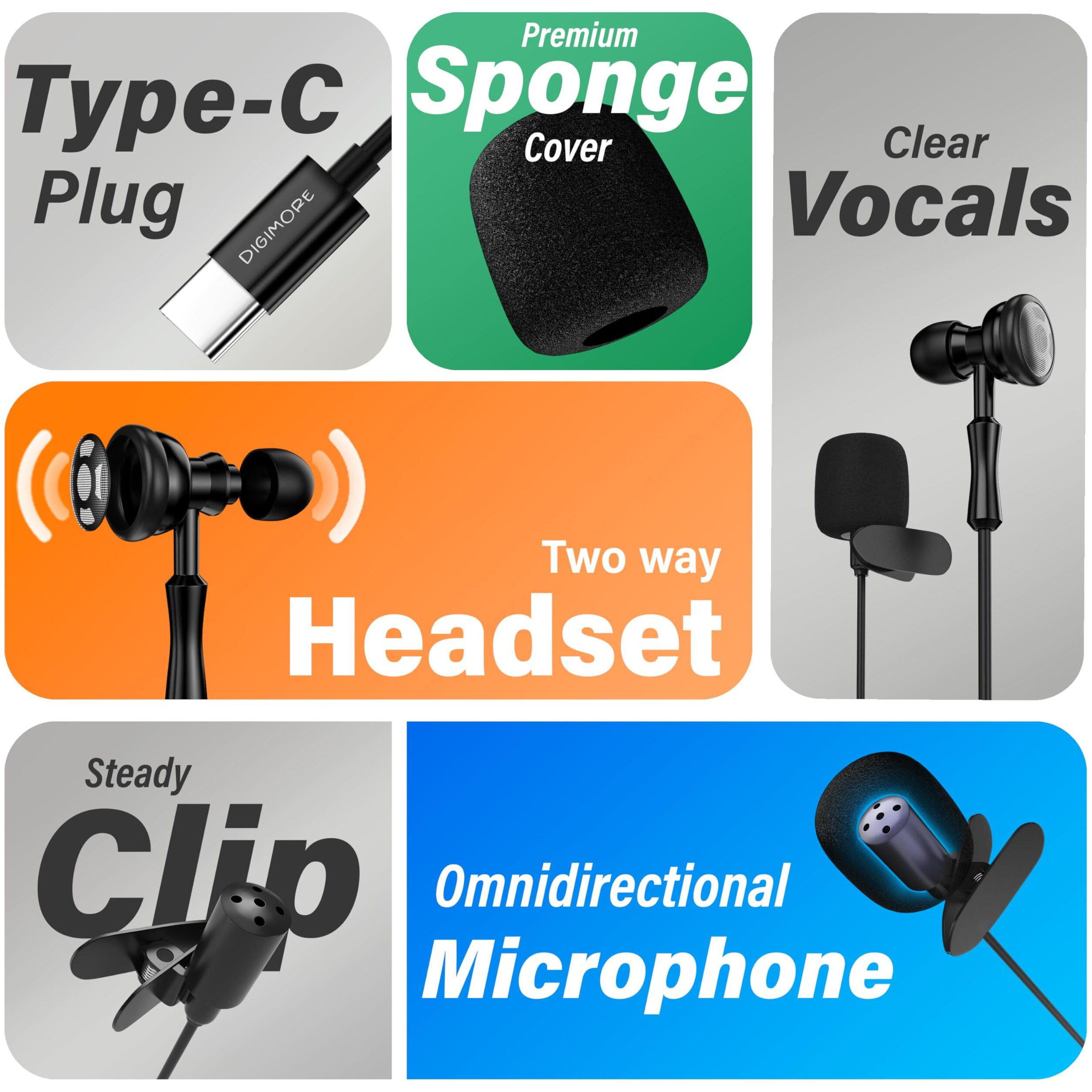 Digimore Lavalier Microphone | Omnidirectional Clip-On Mic | Noise Reduction | Two-Way Audio | For Recording, Streaming & Online Meetings (D-470 Type-C)