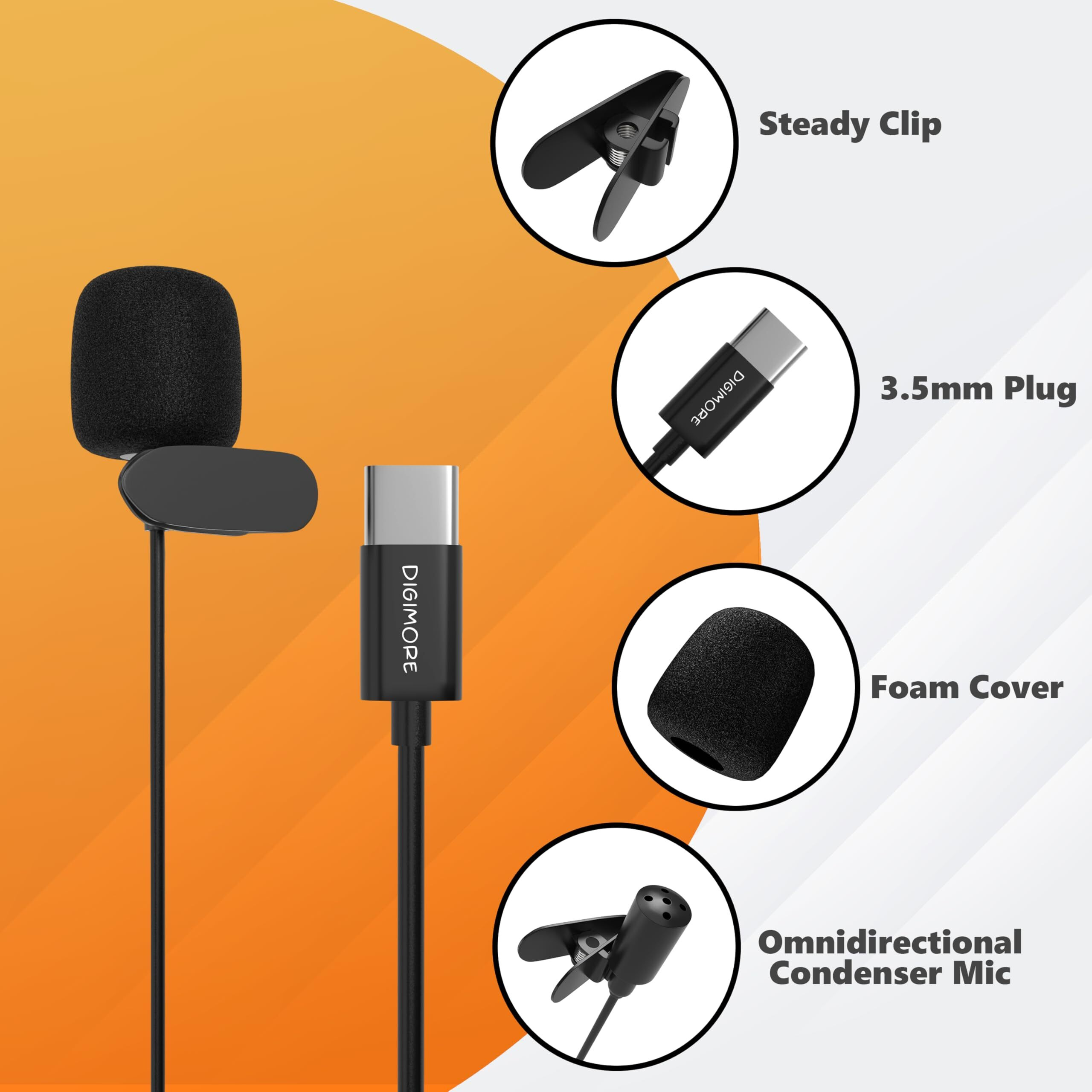 Digimore Lavalier Microphone | Omnidirectional Clip-On Mic | Noise Reduction | Two-Way Audio | For Recording, Streaming & Online Meetings (D-470 Type-C)
