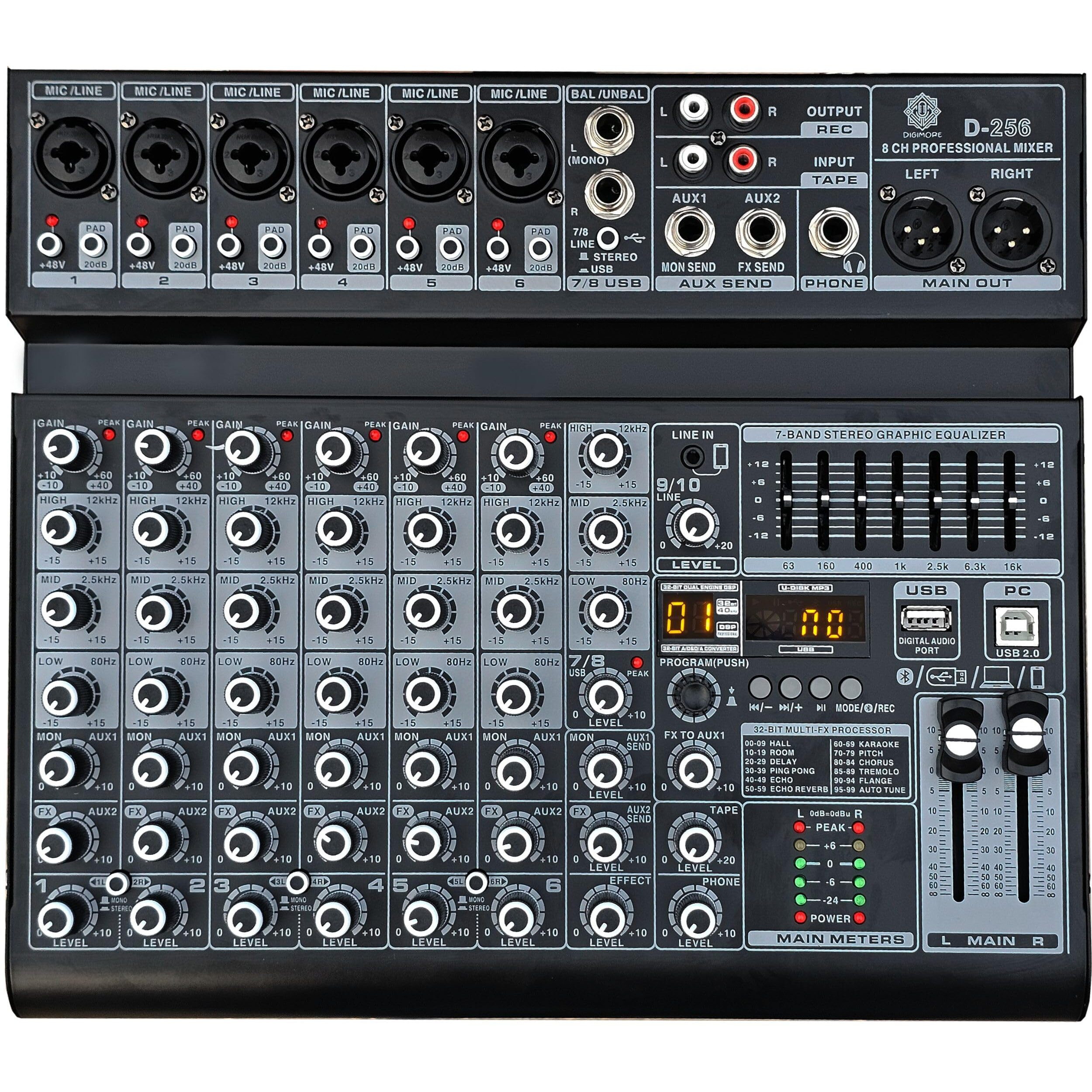 Digimore 8 Channel Mixer With Interface, 32 Dsp Dj Bluetooth Mixer Reverb Effect +48V Phantom For Karaoke Studio Streaming Recording (D-256)