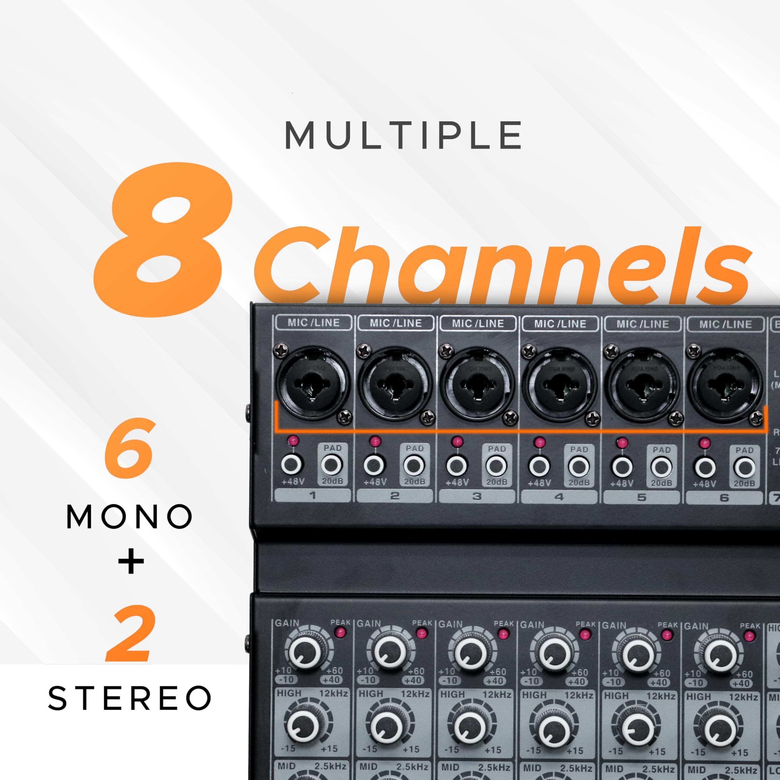 Digimore 8 Channel Mixer With Interface, 32 Dsp Dj Bluetooth Mixer Reverb Effect +48V Phantom For Karaoke Studio Streaming Recording (D-256)