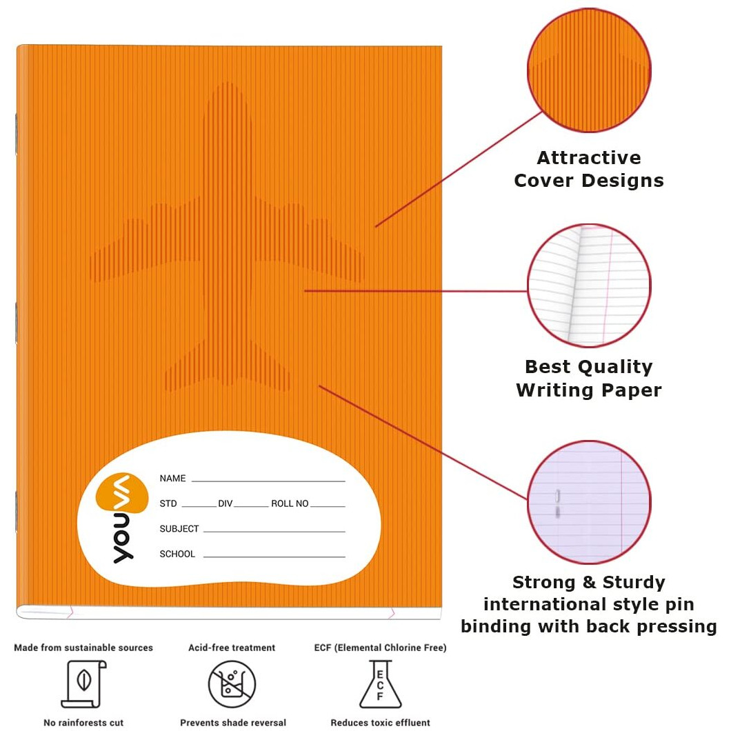 Youva Navneet Youva | Brown Soft Bound Note Book For Students | Jumbo Size - 18 Cm X 24 Cm | Sketch (1 Side Single Line / 1 Side Plain) | 172 Pages | Pack Of 3