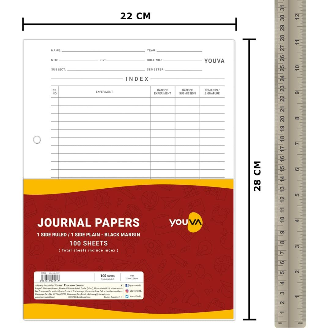 Navneet Youva | Journal Paper With Black Margin For Students And Office Executives | 22Cm X 28Cm | 1 Side Ruled / 1 Side Plain | 100 Sheets