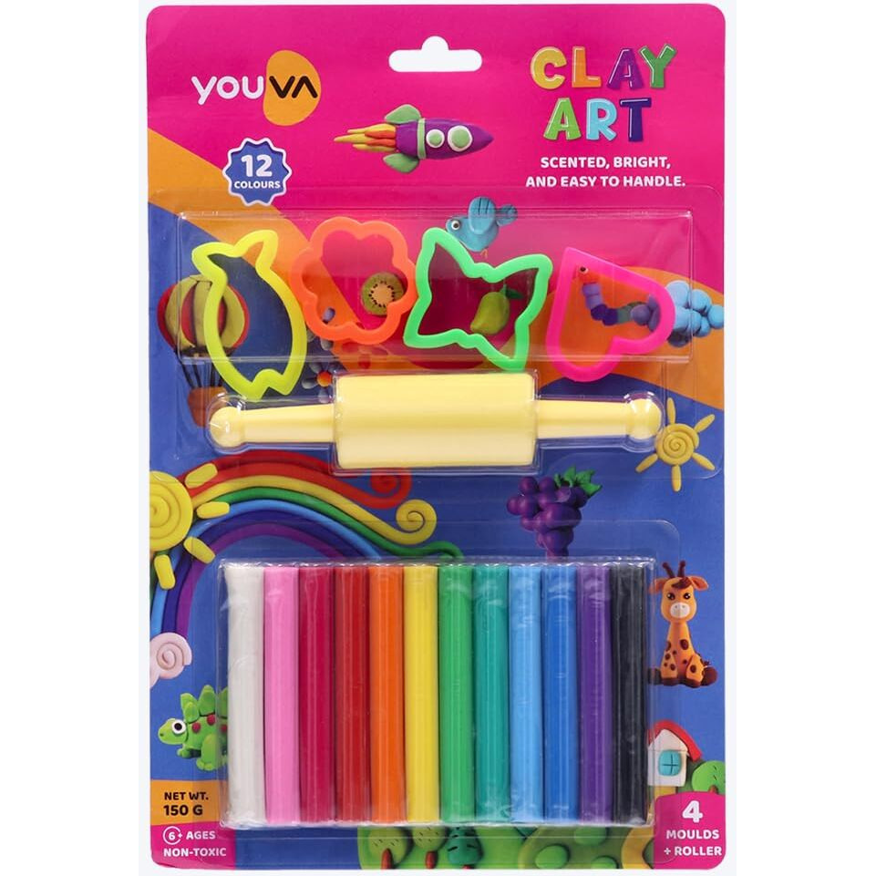 Navneet Youva | Creative Clay Art For Kids Above 6 Years | 12 Colours | 150 Grams | 4 Moulds + 1 Roller