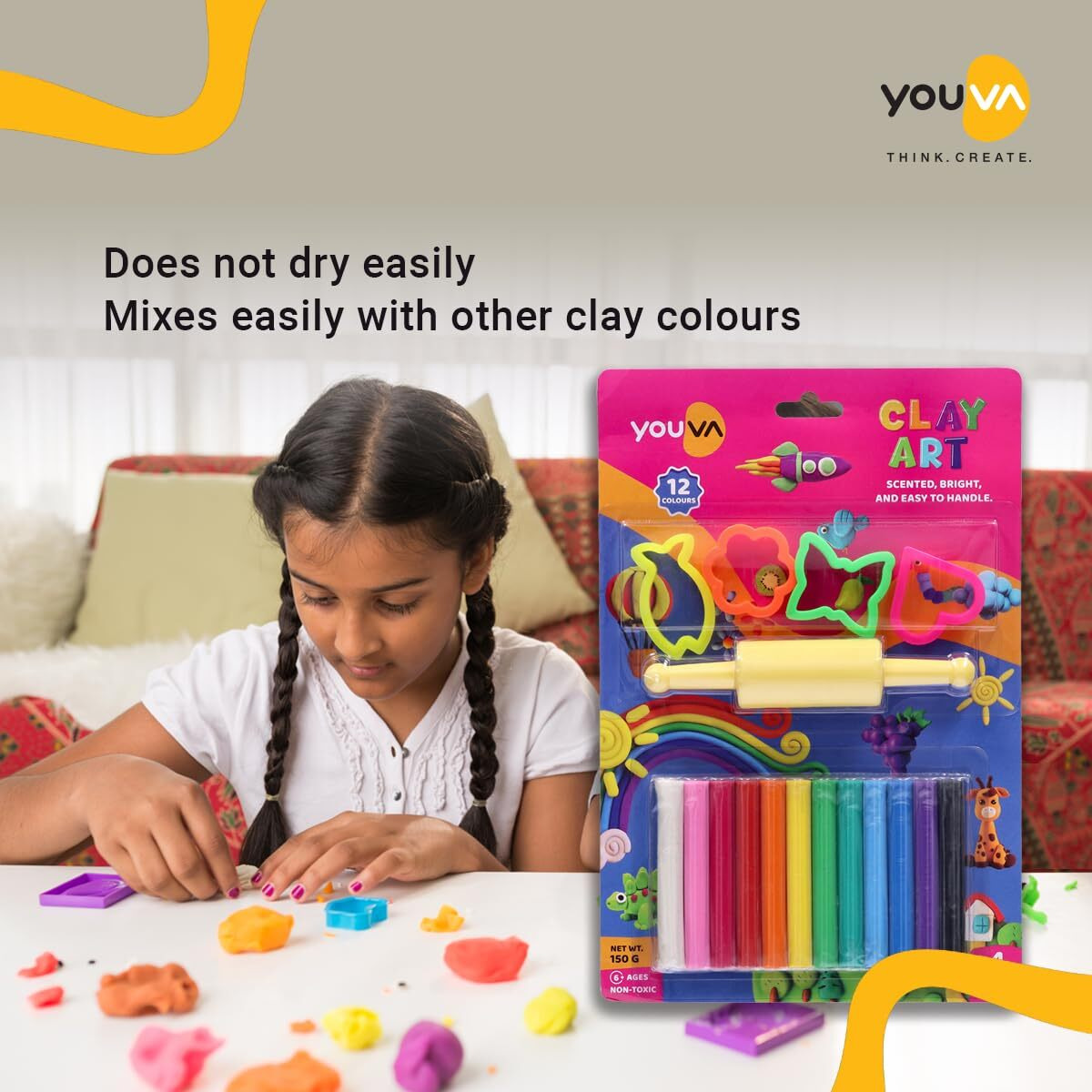Navneet Youva | Creative Clay Art For Kids Above 6 Years | 12 Colours | 150 Grams | 4 Moulds + 1 Roller