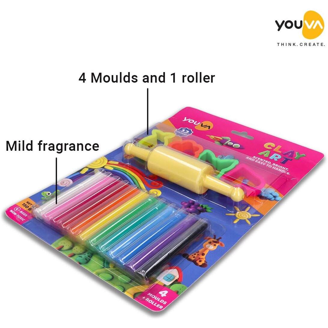 Navneet Youva | Creative Clay Art For Kids Above 6 Years | 12 Colours | 150 Grams | 4 Moulds + 1 Roller