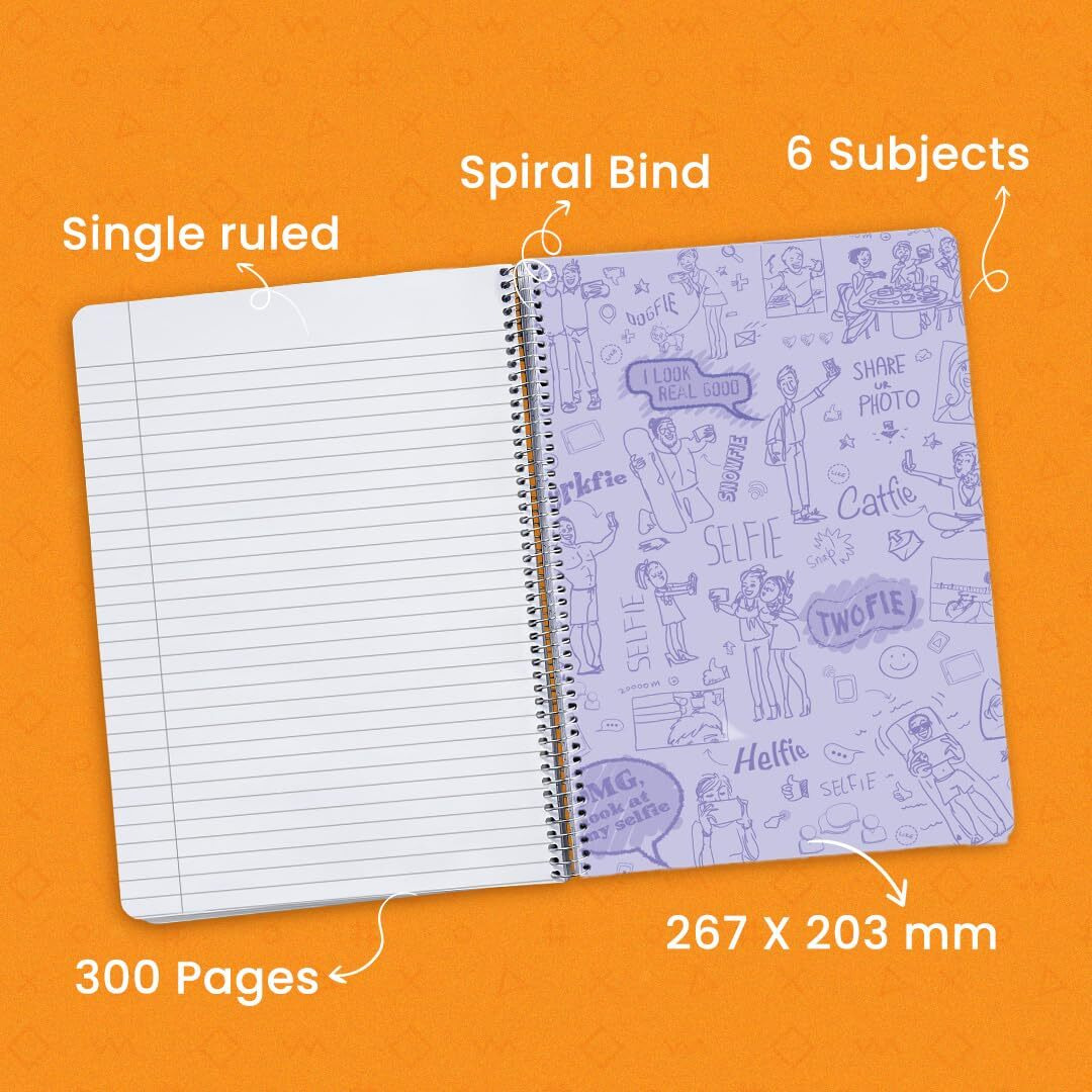 Classmate Pulse 6 Subject Notebook - 302 Pages | Single Line | Spiral Bound Notebook | Soft Cover