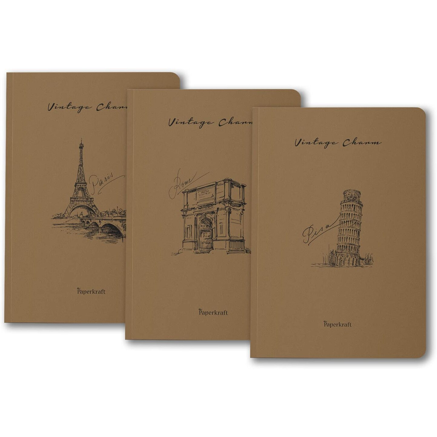 Paperkraft Vintage Series - Brown Kraft With City Theme  210 Mm X 148 Mm,176 Pages, Unruled, Sewn & Perfect Bound, Pack Of 3