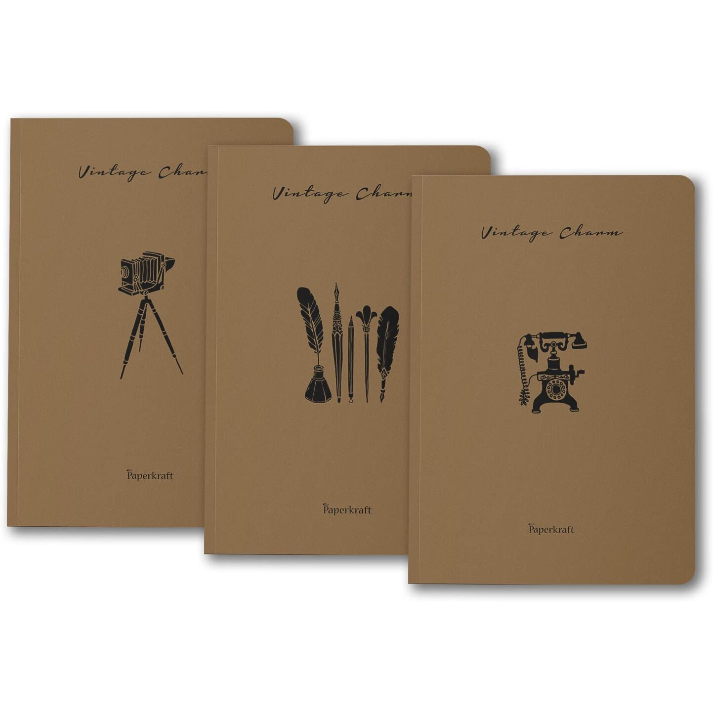 Paperkraft Vintage Series - Brown Kraft With Vintage Items Theme  210 Mm X 148 Mm,176 Pages, Unruled, Sewn & Perfect Bound, Pack Of 3