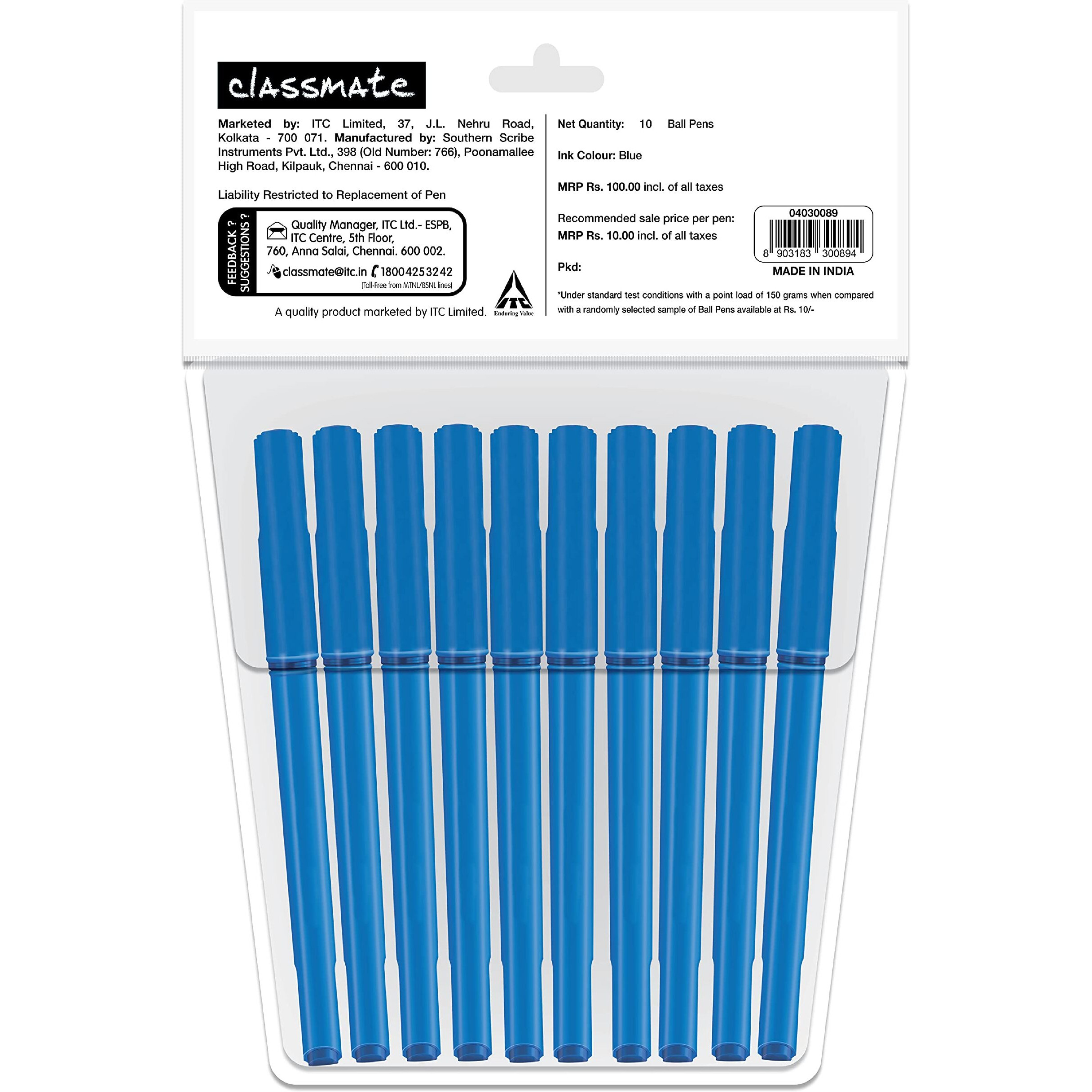 Classmate Octane- Blue Ball Pens (Pack Of 10) | Smooth & Fast Writing Ball Pens | Comfortable To Hold & Write|School & Office Stationery|Work From Home Essentials