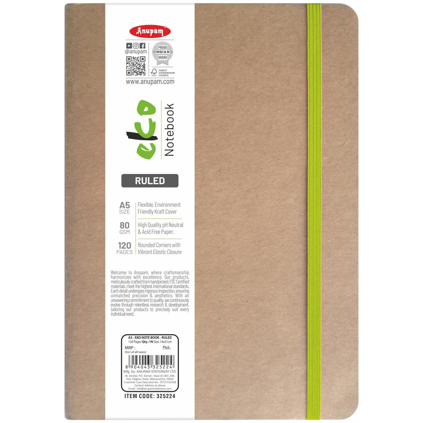 Anupam Eco Friendly Eko Writing Journal With Kraft Paper Cover 80 Gsm A5 (Ruled)