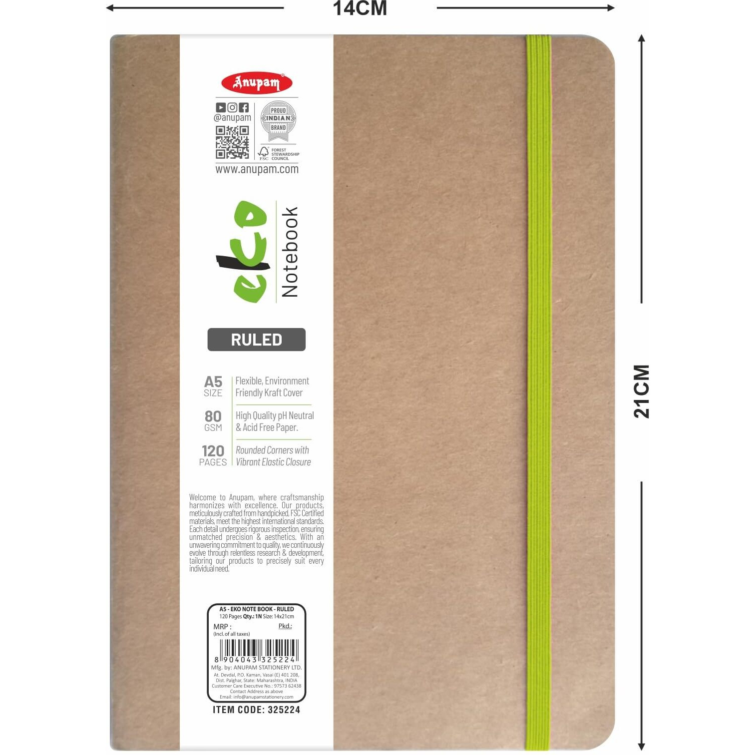 Anupam Eco Friendly Eko Writing Journal With Kraft Paper Cover 80 Gsm A5 (Ruled)