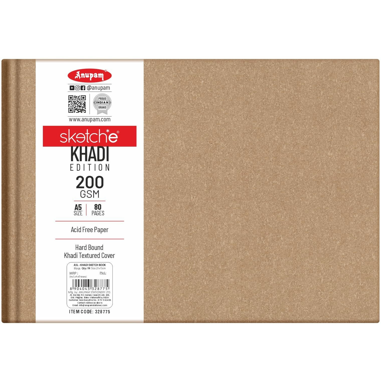 Anupam Sketche Khadi (Cover) Hardcover Sketch Book A5 | 40 Sheets / 80 Pages | 200 Gsm Acid-Free Cartridge Paper | Good For Marker Watercolor, Alcohol Markers, Acrylic, Ink, Oil Pastel, Pencil (Landscape)