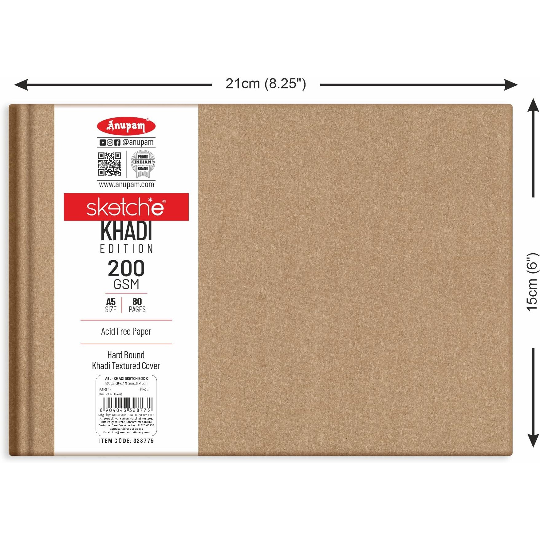 Anupam Sketche Khadi (Cover) Hardcover Sketch Book A5 | 40 Sheets / 80 Pages | 200 Gsm Acid-Free Cartridge Paper | Good For Marker Watercolor, Alcohol Markers, Acrylic, Ink, Oil Pastel, Pencil (Landscape)
