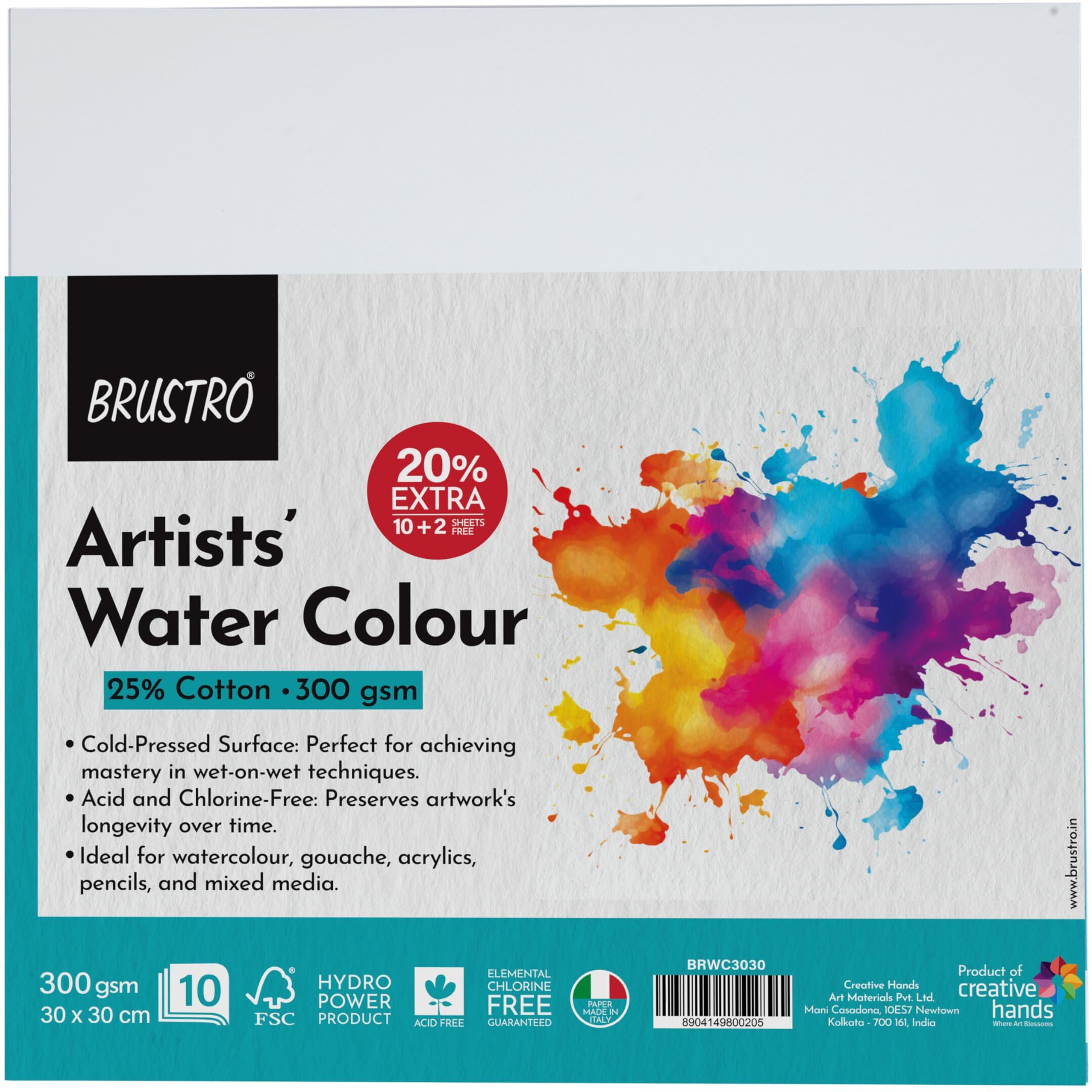 Brustro Artists 25% Cotton Watercolour Paper, Cold Pressed, 300 Gsm, 30X30Cm (Pack Of 10 + 2 Sheets) | Ideal For Watercolor,Acrylic,Gouache,Charcoal,Graphite,Ink & Other Mixed Media