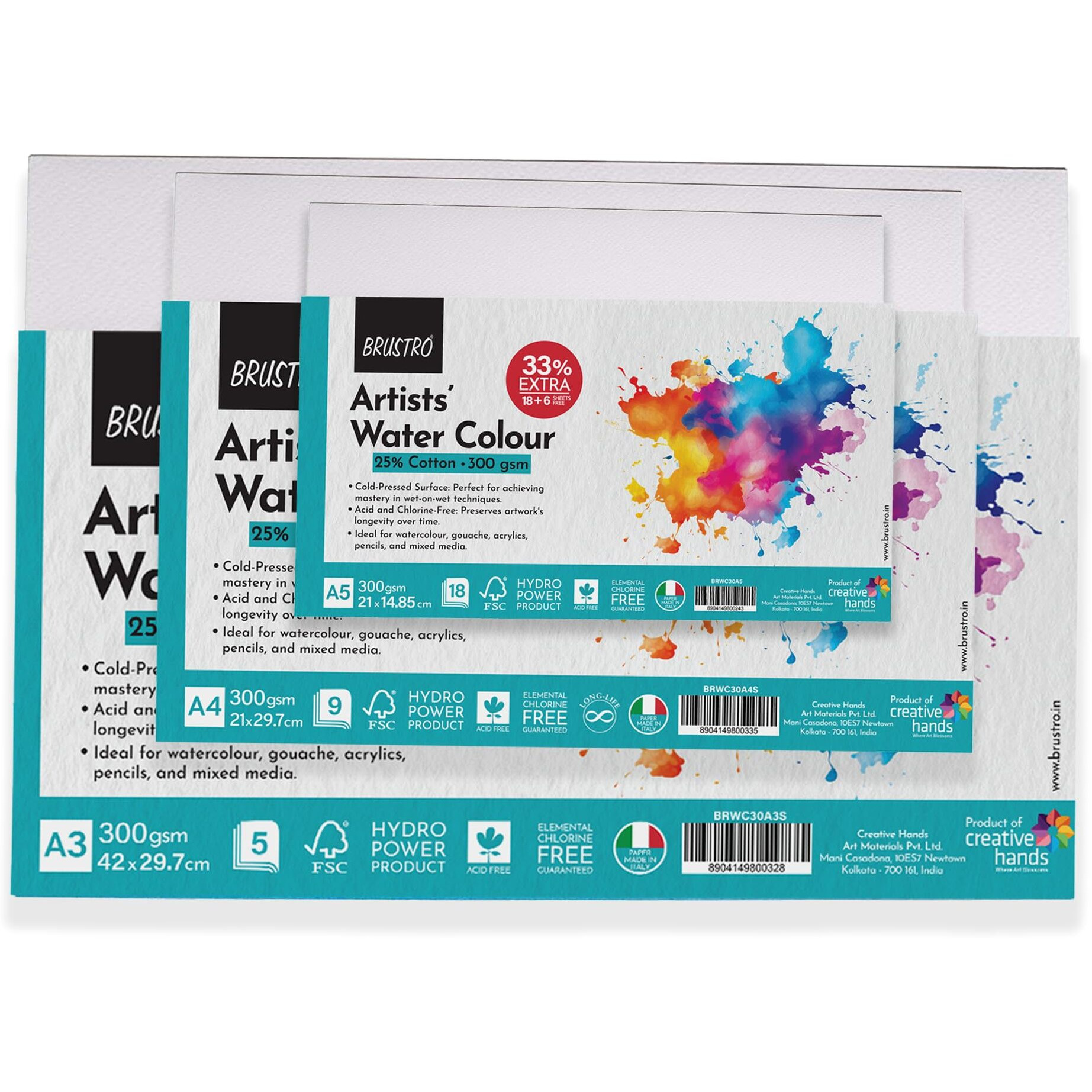 Brustro Artists 25% Cotton Watercolour Paper, 300 Gsm, Cold Pressed, A4 (Pack Of 12), A3 (Pack Of 6) & A5 (Pack Of 24) | Ideal For Watercolor,Acrylic,Gouache,Charcoal,Graphite,Ink & Other Mixed Media