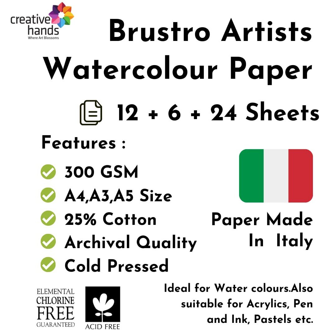 Brustro Artists 25% Cotton Watercolour Paper, 300 Gsm, Cold Pressed, A4 (Pack Of 12), A3 (Pack Of 6) & A5 (Pack Of 24) | Ideal For Watercolor,Acrylic,Gouache,Charcoal,Graphite,Ink & Other Mixed Media