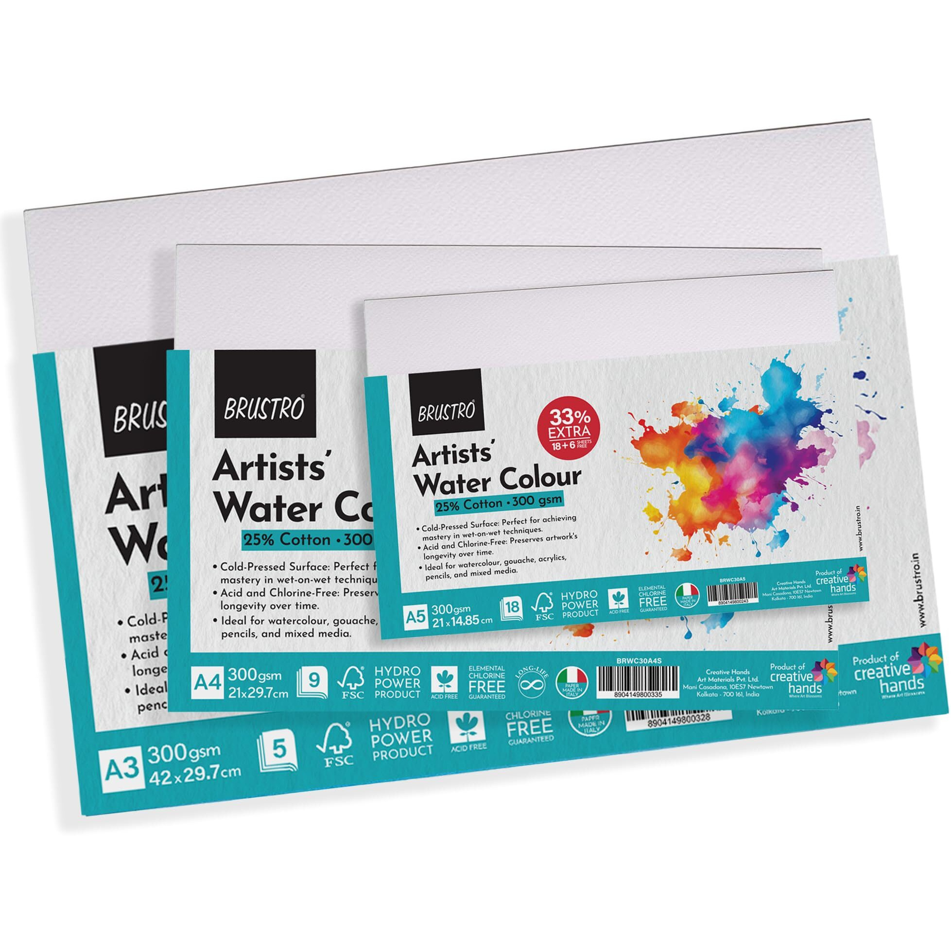 Brustro Artists 25% Cotton Watercolour Paper, 300 Gsm, Cold Pressed, A4 (Pack Of 12), A3 (Pack Of 6) & A5 (Pack Of 24) | Ideal For Watercolor,Acrylic,Gouache,Charcoal,Graphite,Ink & Other Mixed Media