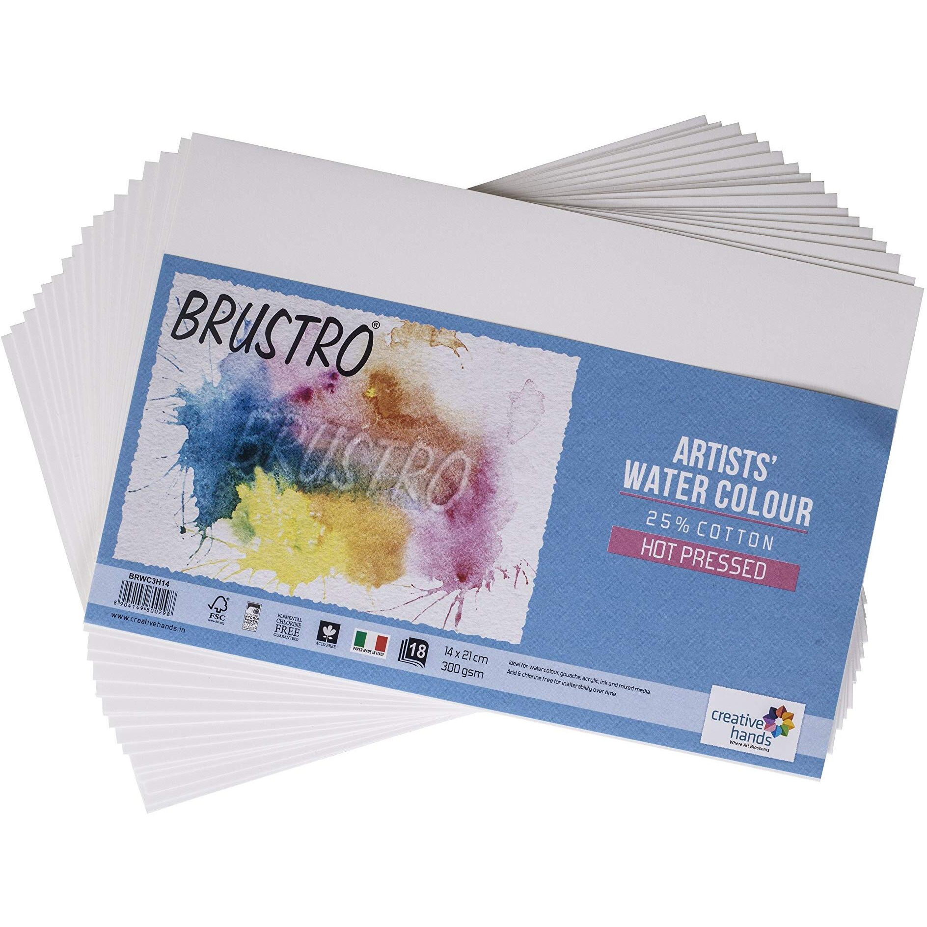 Brustro Artists 25% Cotton Watercolour Paper, Hot Pressed, 300 Gsm, 14X21Cm, Pack Of 36 Sheets|Ideal For Watercolor,Acrylic,Gouache,Charcoal,Graphite,Ink & Other Mixed Media