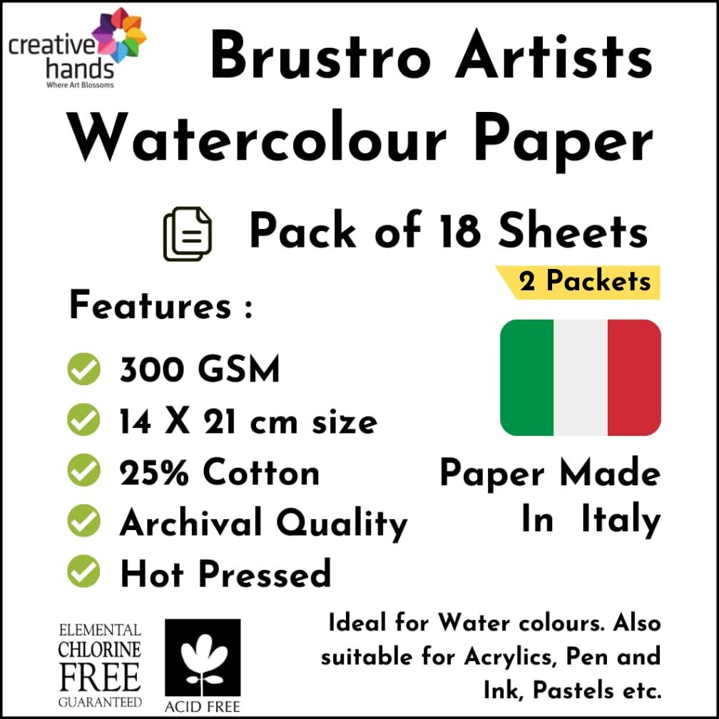 Brustro Artists 25% Cotton Watercolour Paper, Hot Pressed, 300 Gsm, 14X21Cm, Pack Of 36 Sheets|Ideal For Watercolor,Acrylic,Gouache,Charcoal,Graphite,Ink & Other Mixed Media