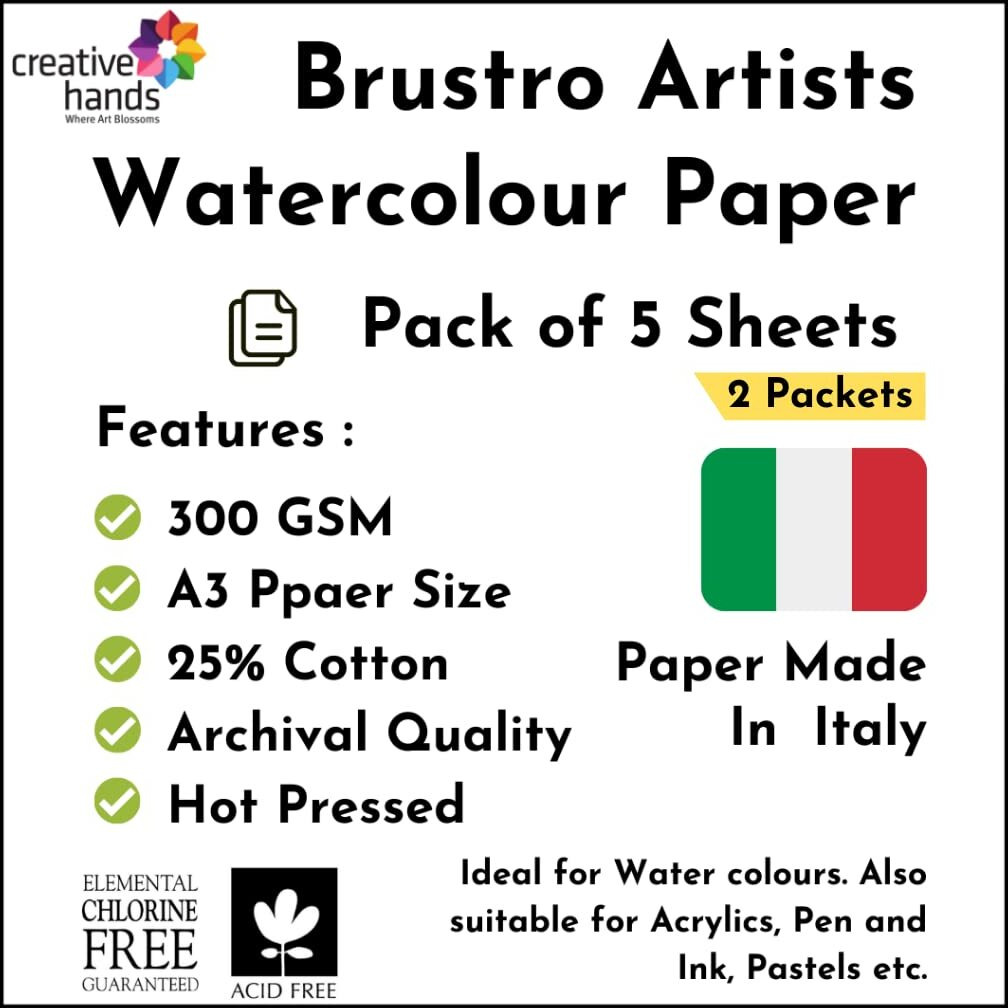 Brustro Artists 25% Cotton Watercolour Paper, Hot Pressed, 300 Gsm, Size A3 - Pack Of 10 Sheets | Ideal For Watercolor,Acrylic,Gouache,Charcoal,Graphite,Ink & Other Mixed Media