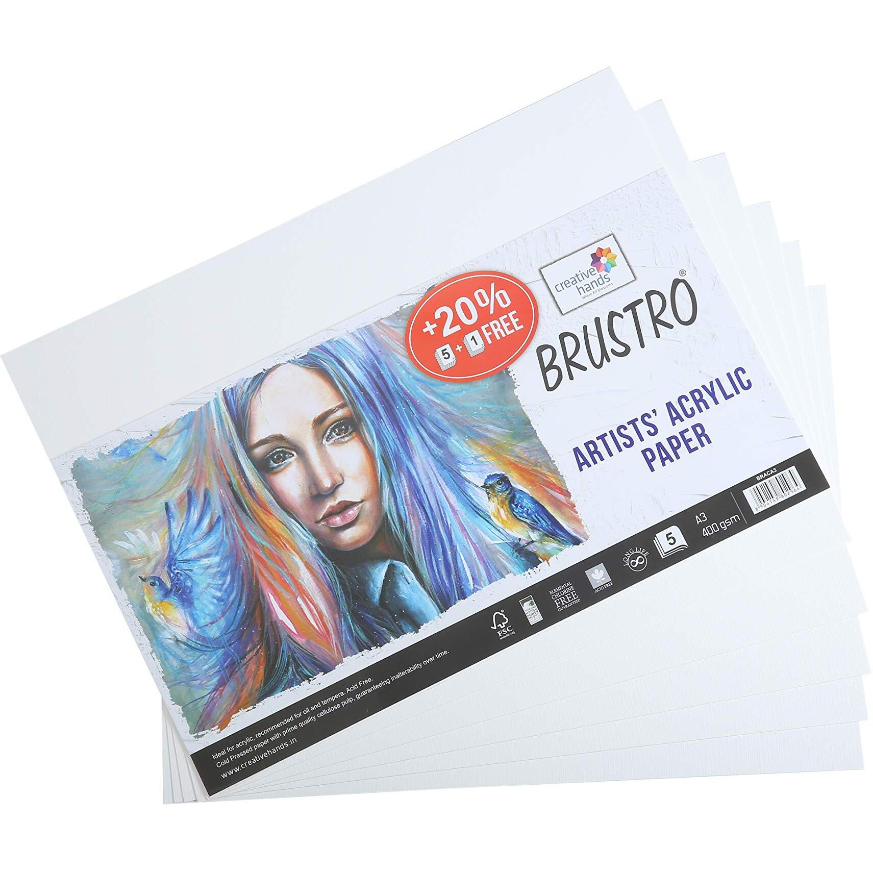 Brustro Artists Acrylic Paper 400 Gsm A3 (Pack Of 5 + 1 Sheets), Acid Free, Ideal For Acrylic Painting. Also Suitable For Oil & Tempera
