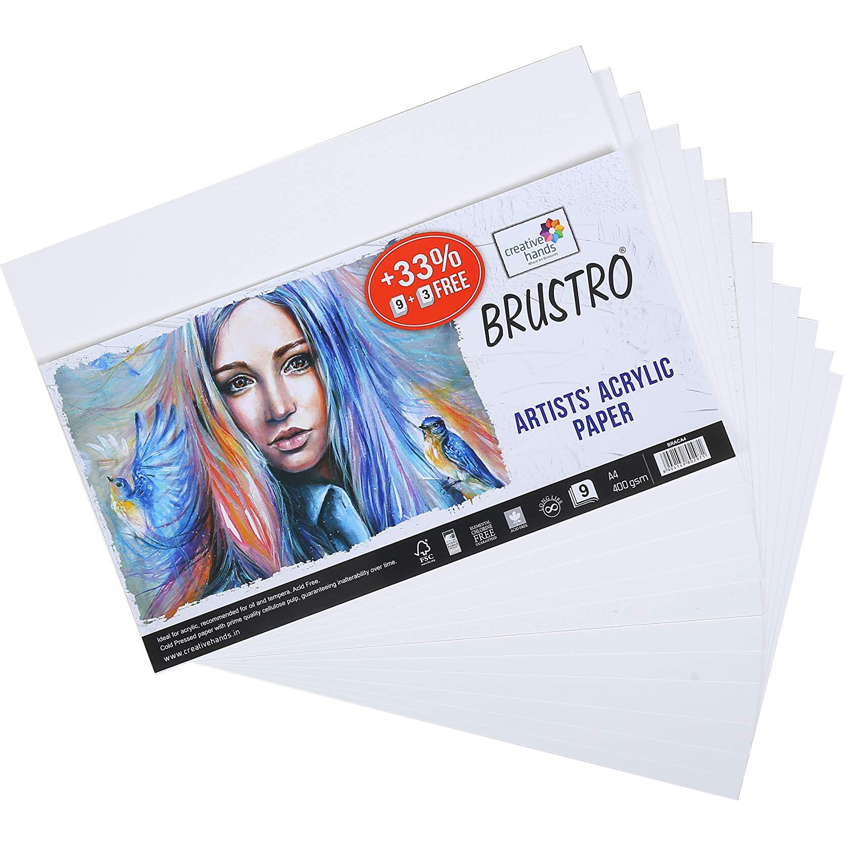 Brustro Artists Acrylic Paper 400 Gsm A4 (Pack Of 9 + 3 Free Sheets), Acid Free, Ideal For Acrylic Painting. Also Suitable For Oil & Tempera