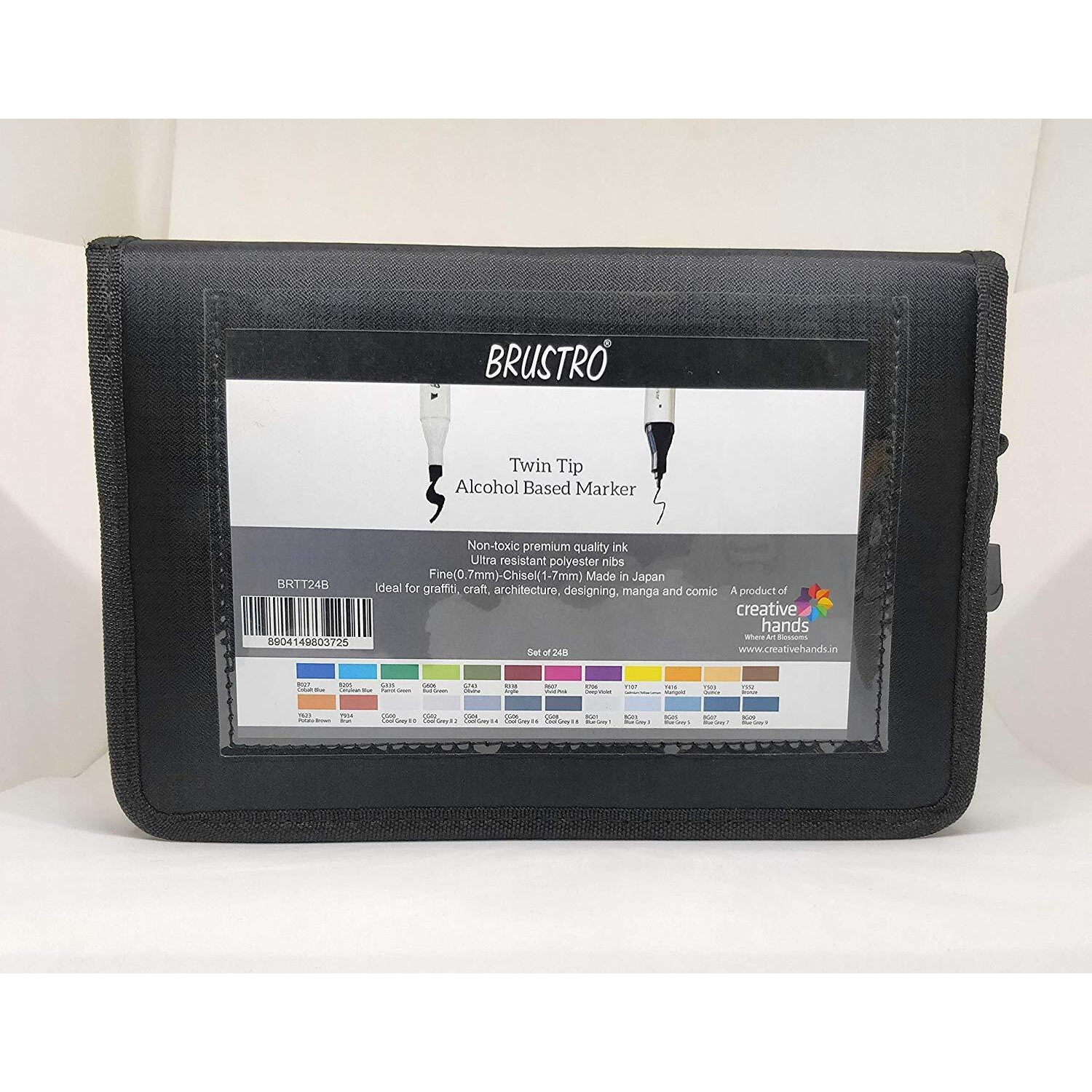 Brustro Twin Tip Alcohol Based Marker Set Of 24 Basic (B) In Crossline Pp See Through Box|Tip Size - Broad 1-7Mm Line,Fine 0.7Mm|Ideal For Texturing, Sketching,Graffiti,Comic Artist,Fine Art Student