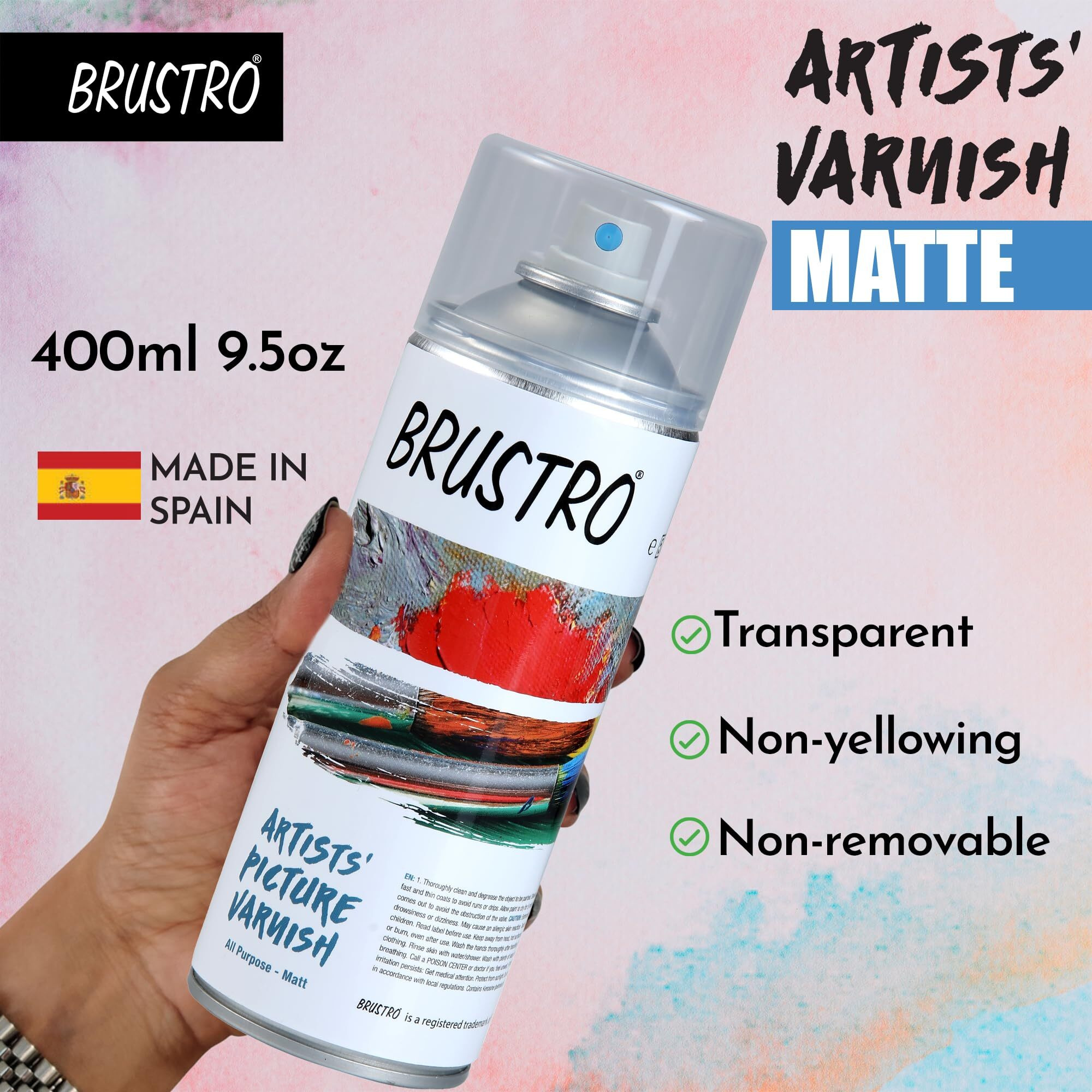 Brustro Artist's Picture Varnish Spray Can|400Ml| Matte Finish |Perfect Coating On Acrylic Painting,Watercolours,Oil Paints,Non-Yellowing,Non Toxic,Transparent,Canvas,Paper, Artwork Protection.