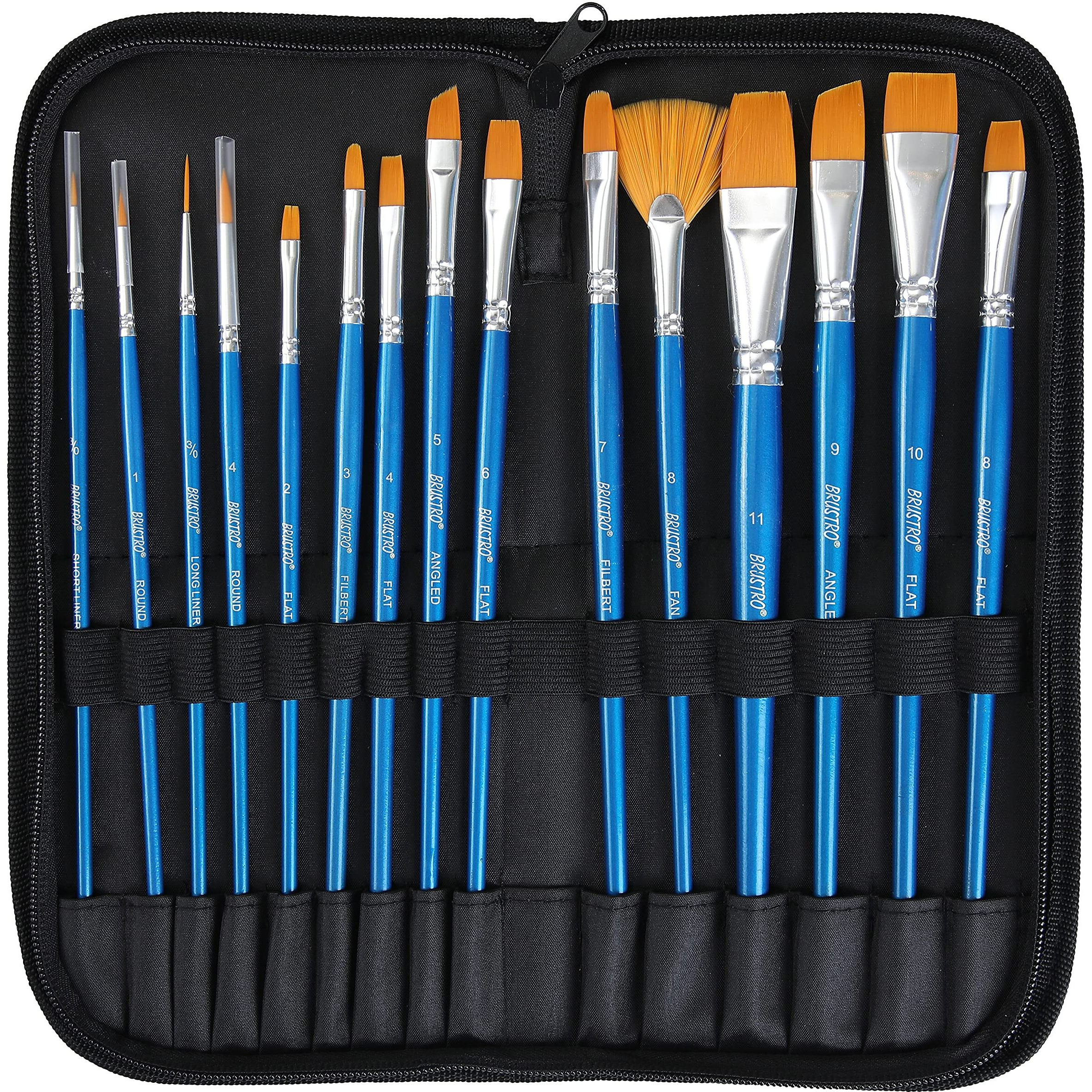Brustro Synthetic Hair Short Handle Artists Brush Set Of 15 In A Premium Zippered Brush Wallet