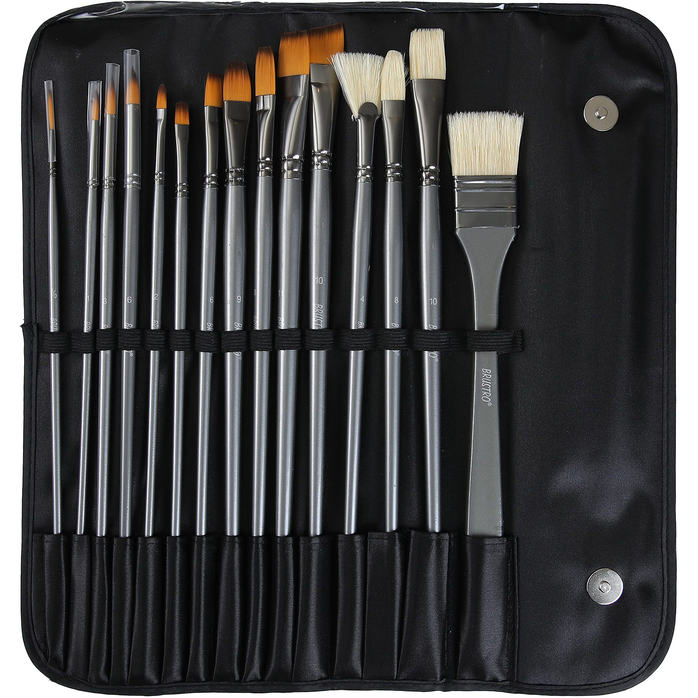 Brustro Artists Mixed Hair Brush - Set Of 15 (5 Flat, 1 Fan, 4 Round, 4 Filbert, 1 Angle) In Pu Bag | Long Handle, Suitable For Oil Paints, Acrylic Paints, Watercolour.