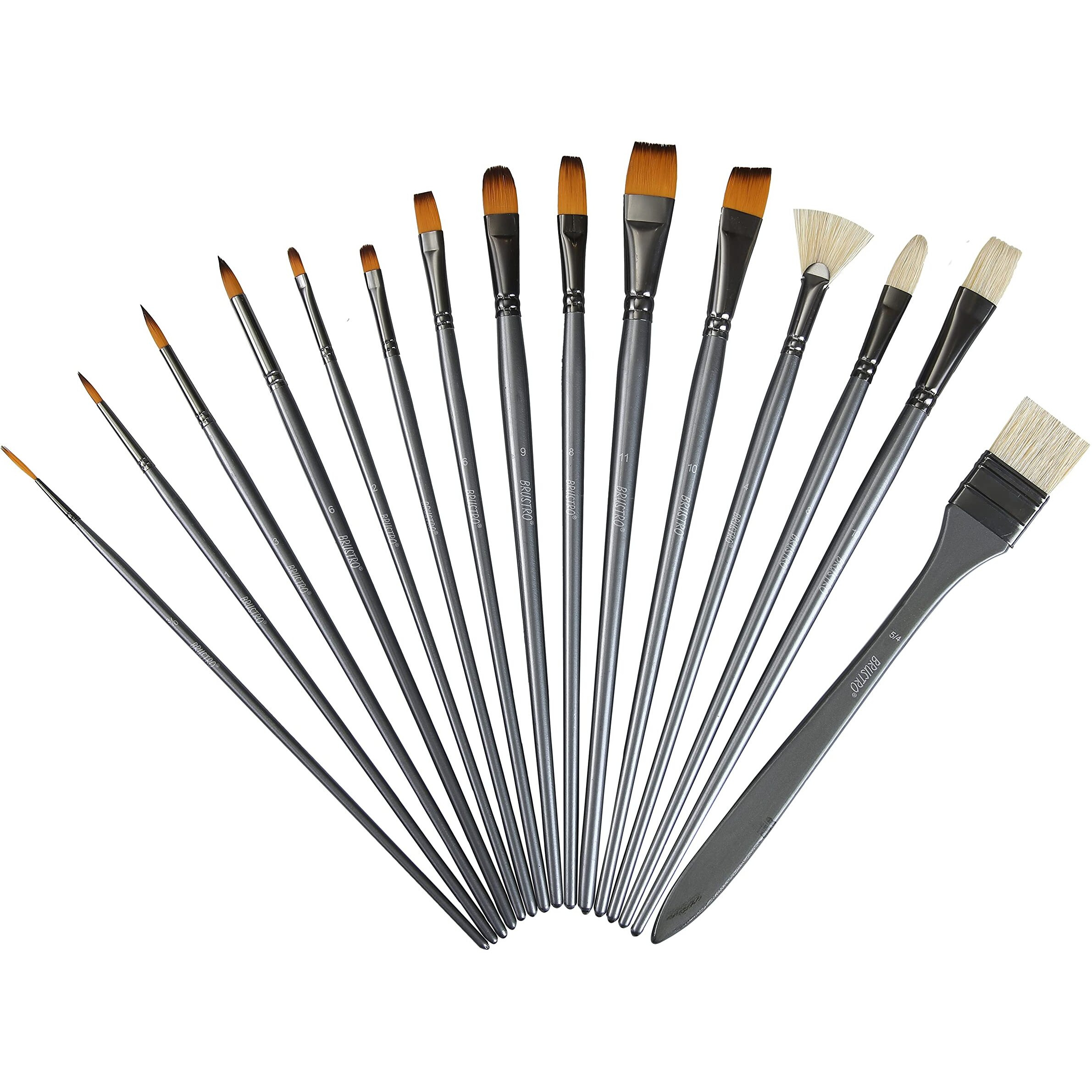 Brustro Artists Mixed Hair Brush - Set Of 15 (5 Flat, 1 Fan, 4 Round, 4 Filbert, 1 Angle) In Pu Bag | Long Handle, Suitable For Oil Paints, Acrylic Paints, Watercolour.