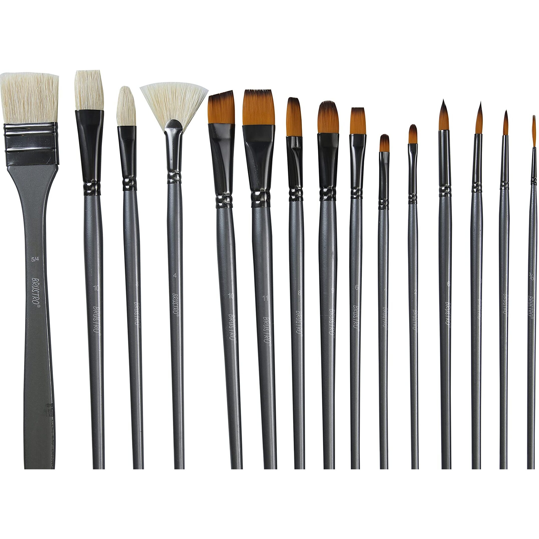 Brustro Artists Mixed Hair Brush - Set Of 15 (5 Flat, 1 Fan, 4 Round, 4 Filbert, 1 Angle) In Pu Bag | Long Handle, Suitable For Oil Paints, Acrylic Paints, Watercolour.