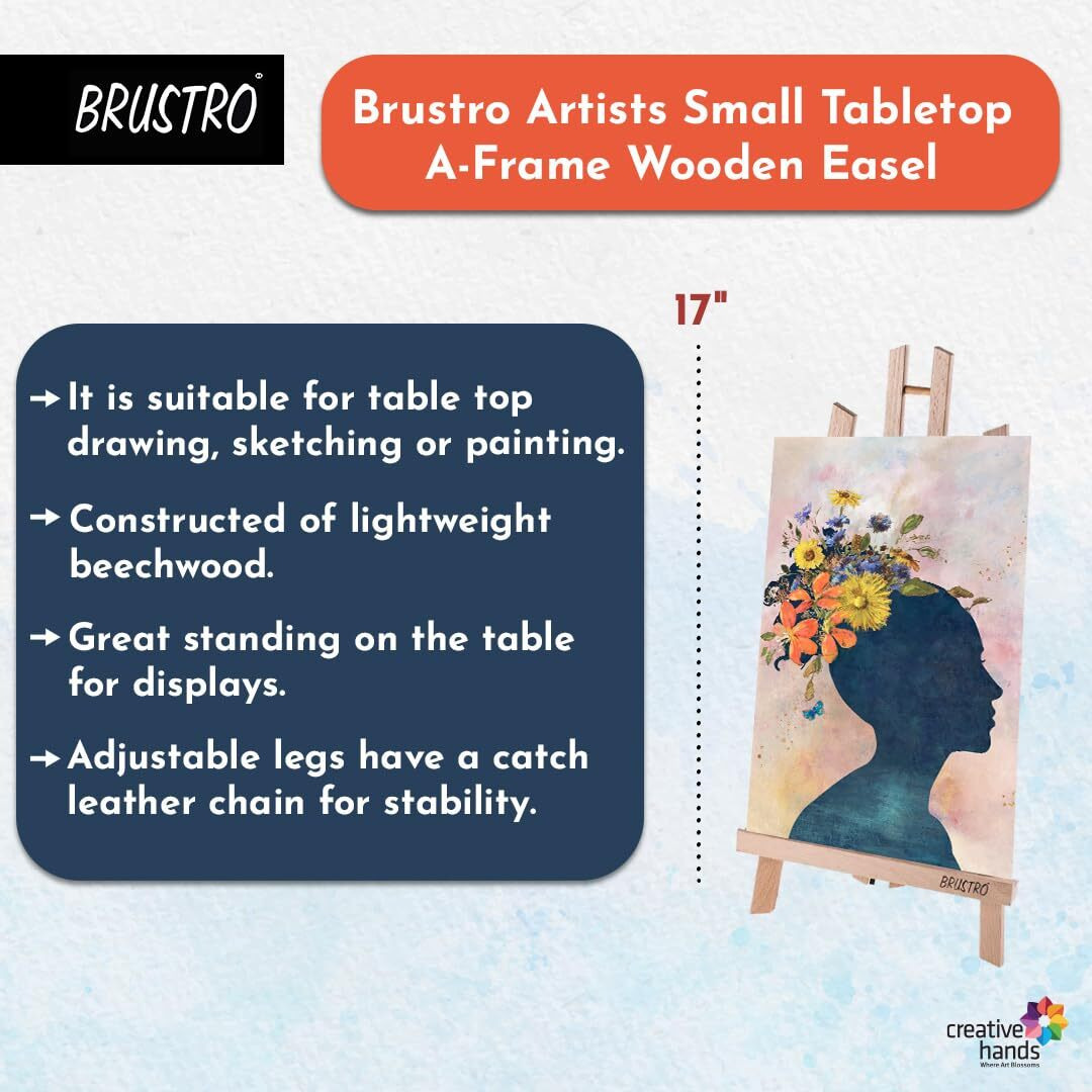 Brustro Artists Small Tabletop A-Frame Wooden Easel | Table Stand Size - 17 Inches, Canvas Holds Upto 11.8 Inches |Adjustable Legs,Suitable For Table Top Drawing,Sketching,Painting
