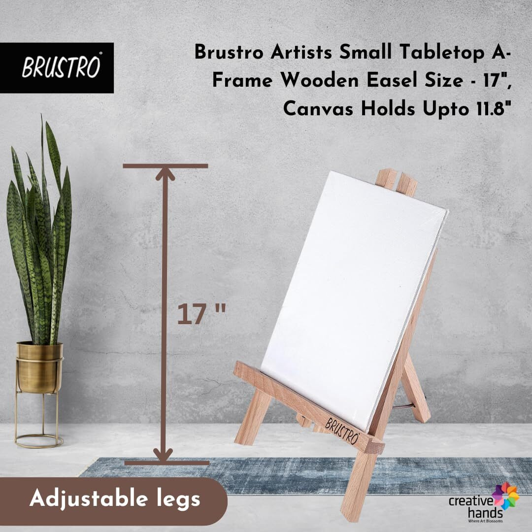 Brustro Artists Small Tabletop A-Frame Wooden Easel | Table Stand Size - 17 Inches, Canvas Holds Upto 11.8 Inches |Adjustable Legs,Suitable For Table Top Drawing,Sketching,Painting