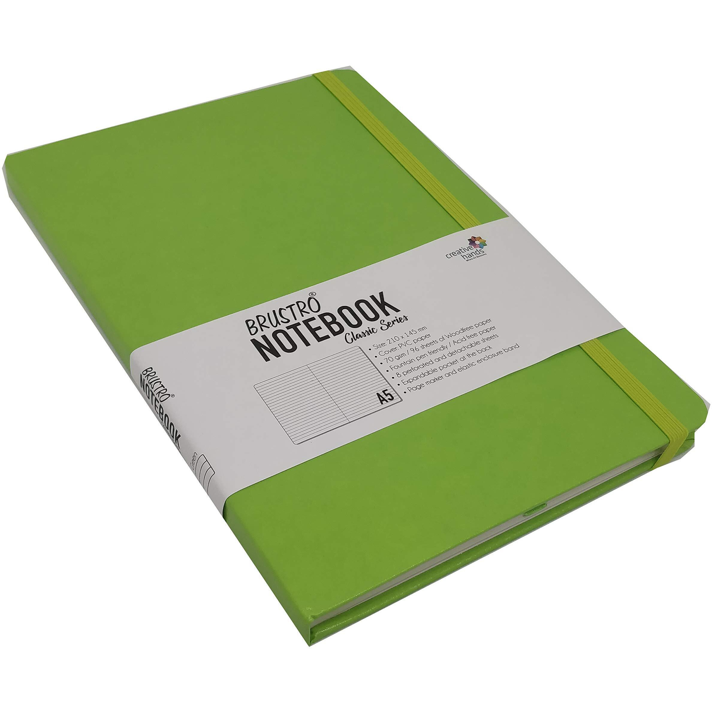 Brustro Classic Series A5, 70Gsm Paper, 96 Sheets, Green Lightweight Notebook Diary With Sturdy Hardcover, Elastic Closure Strap, Handy Pocket, Versatile Use For School, Office And Home