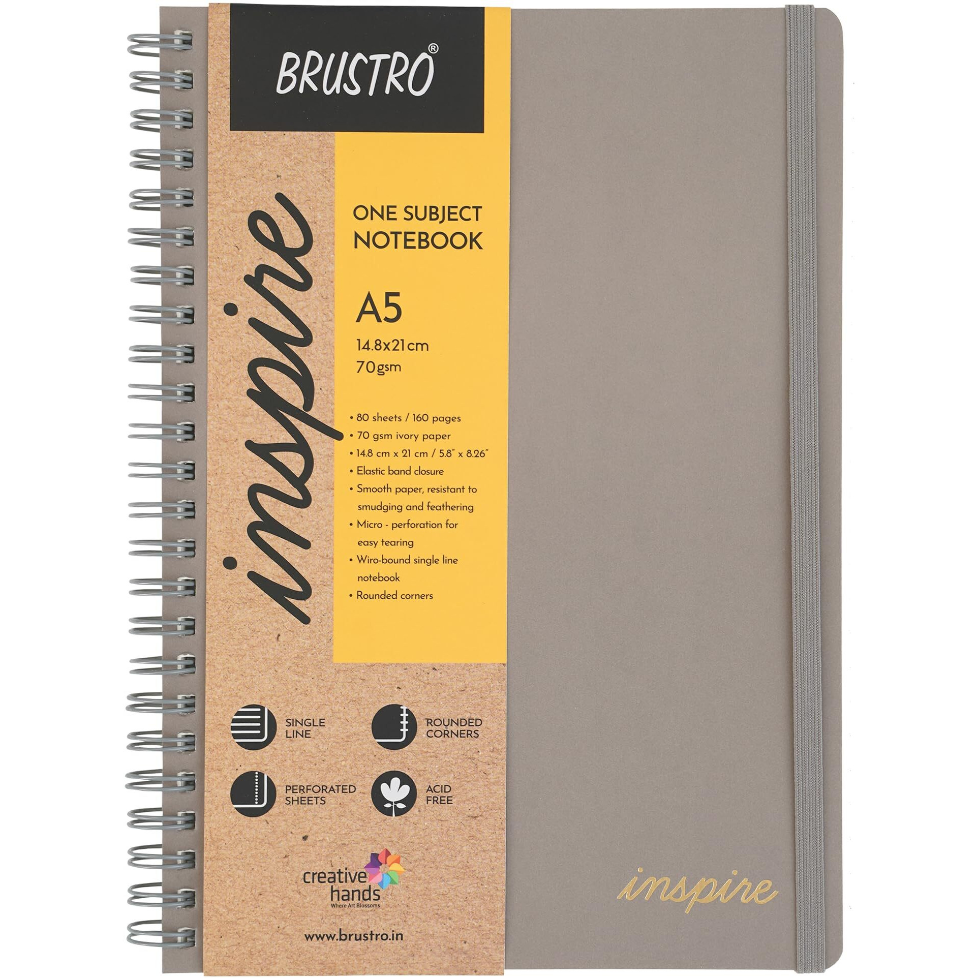 Brustro Inspire A5 Size, 1 Subject Ruled Notebook, 80 Sheets / 160 Pages, 70 Gsm Ivory Paper, Grey Cover With Rounded Corners, Perforated Sheets, Velvety Touch Cover For A Premium Writing Experience