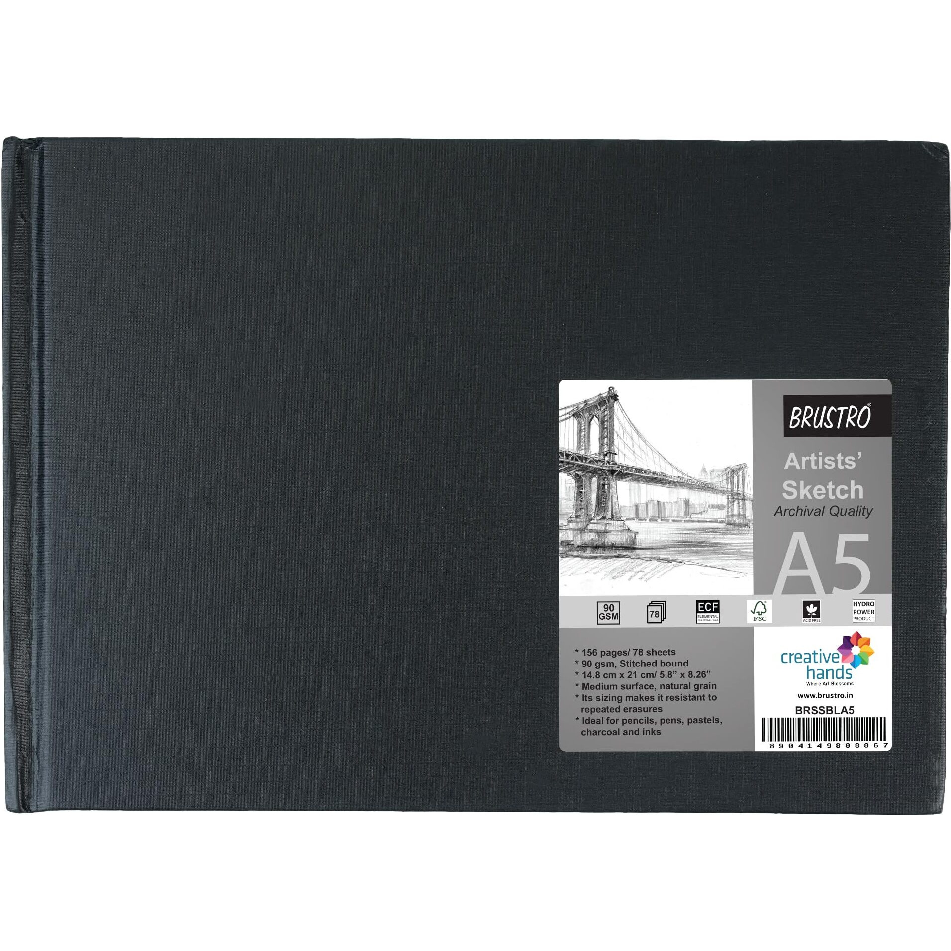Brustro Artists Sketch Book Stitched Bound A5 Size, Landscape, 156 Pages, 90 Gsm (Acid Free Ivory Papers,Medium Surface,Natural Grain)|Ideal For Sketching,Shading,Drawing With Pencil,Charcoal,Graphite