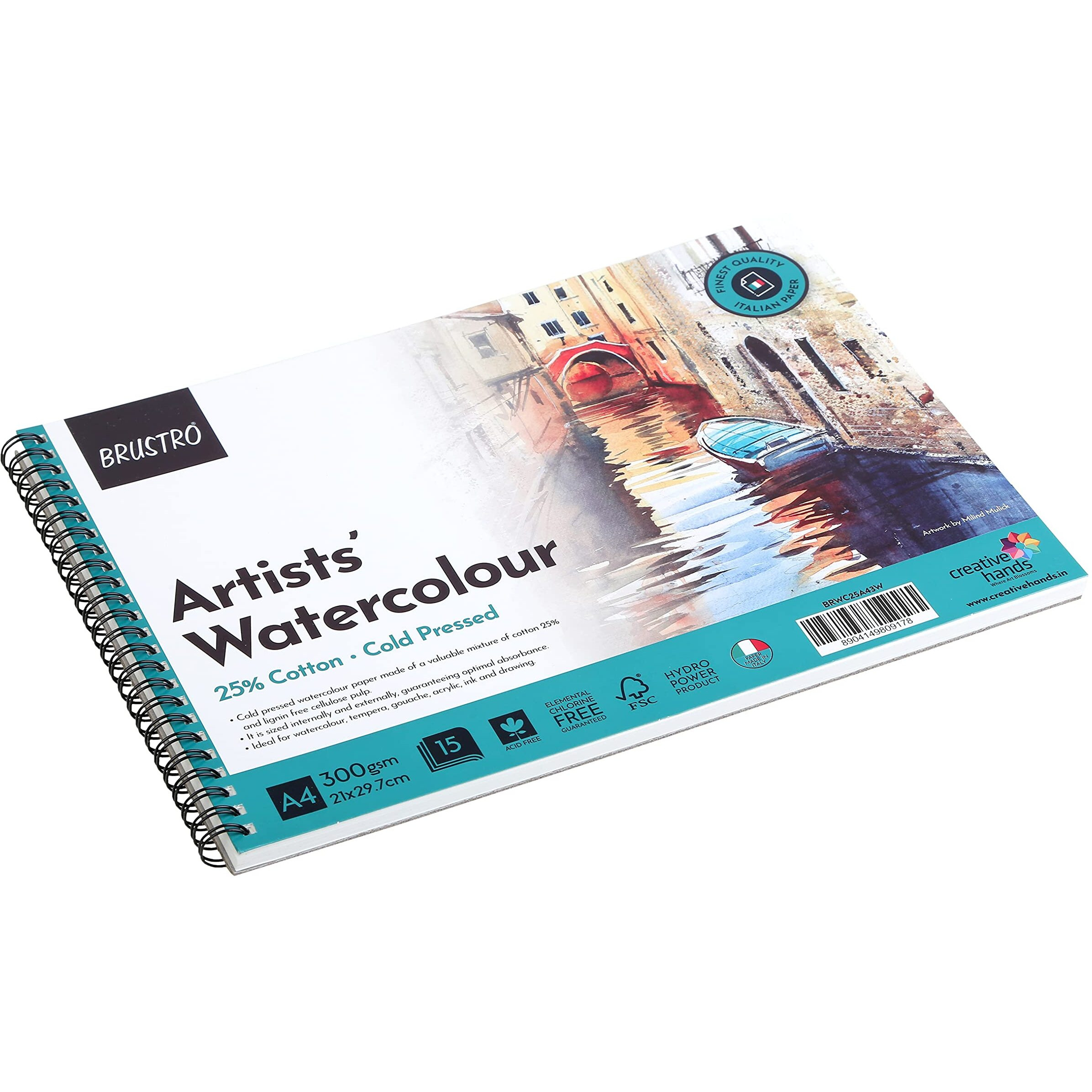 Brustro Artist's Watercolour Paper Pad | 300 Gsm, A4, 25% Cotton, Cold Pressed | Pack Of 15 Sheets | Wiro Bound, Spiral, Ideal For Professional Drawing, Painting, Dry & Wet, Fine Art Students