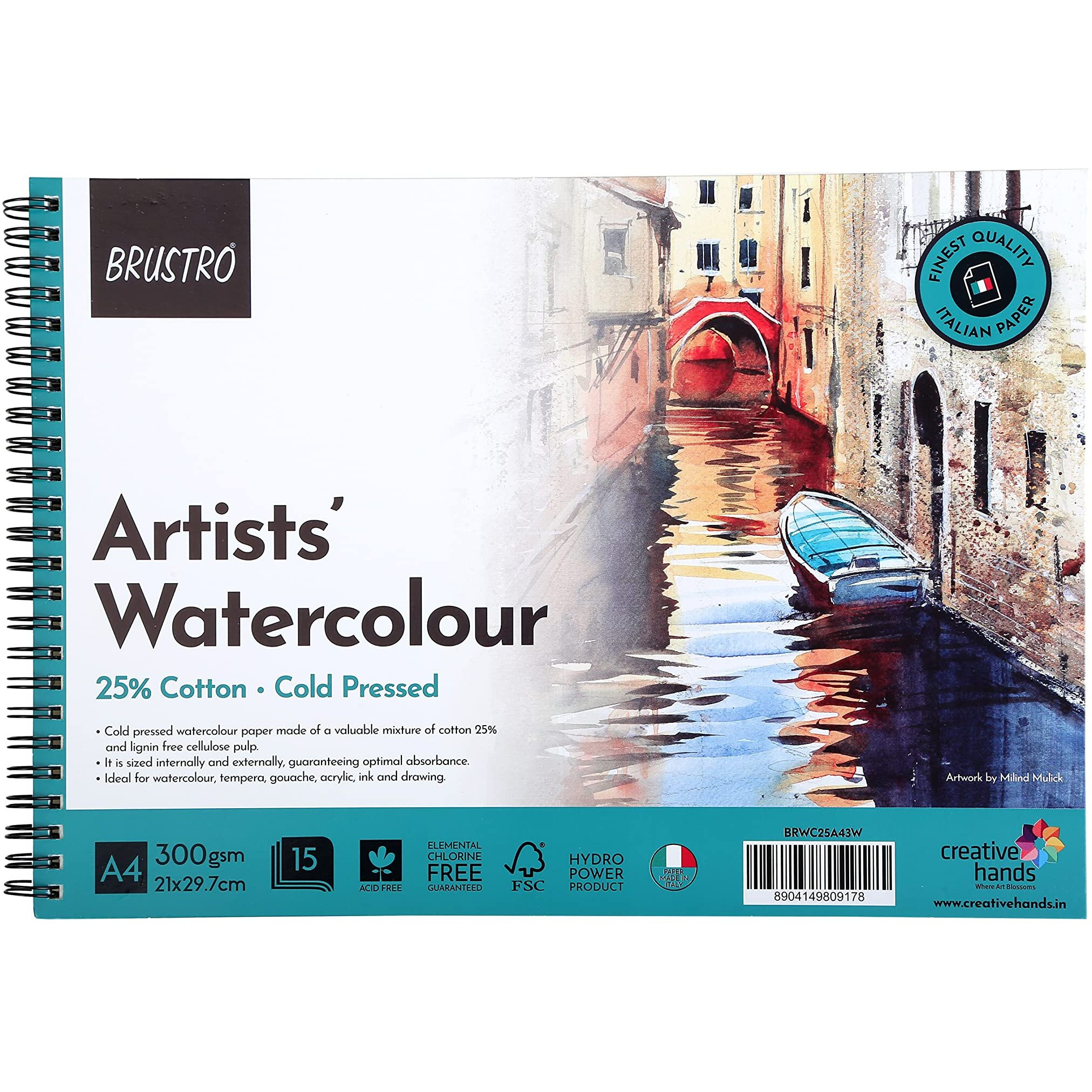 Brustro Artist's Watercolour Paper Pad | 300 Gsm, A4, 25% Cotton, Cold Pressed | Pack Of 15 Sheets | Wiro Bound, Spiral, Ideal For Professional Drawing, Painting, Dry & Wet, Fine Art Students