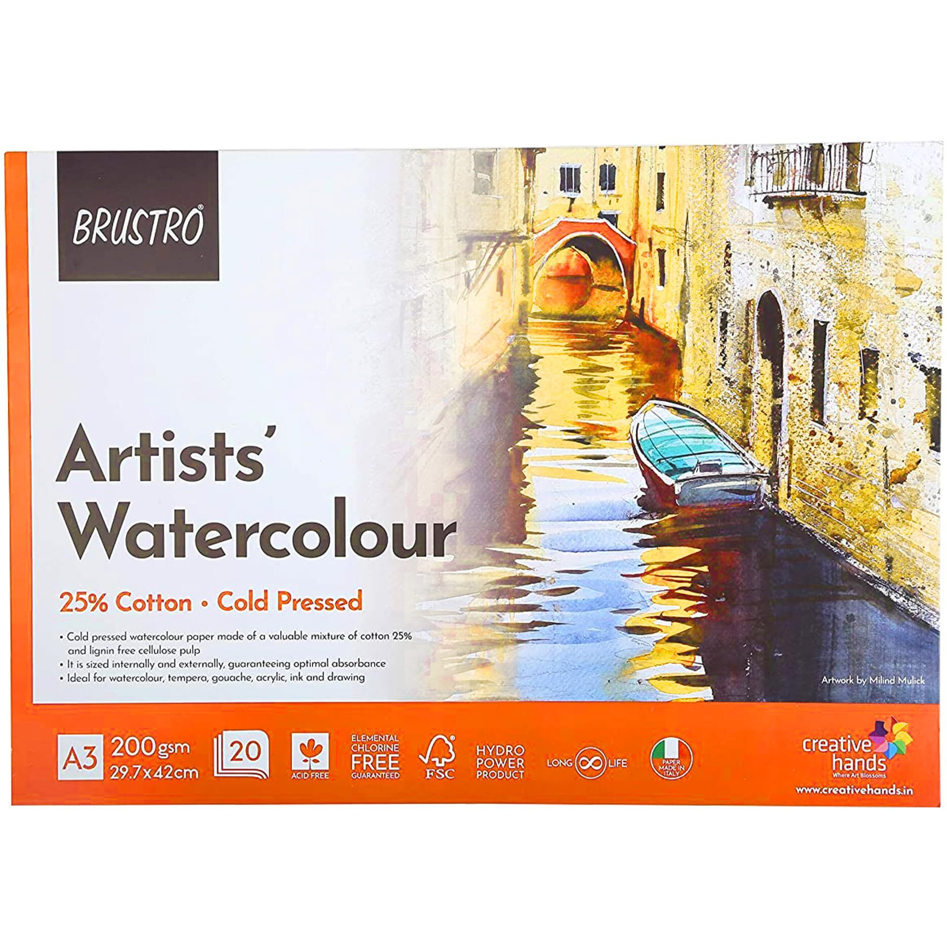 Brustro Artist 25% Cotton Watercolour Glued Paper Pad Cold Pressed 200 Gsm A3-20 Sheets | Ideal For Professional Drawing, Painting, Dry & Wet, Fine Art Students