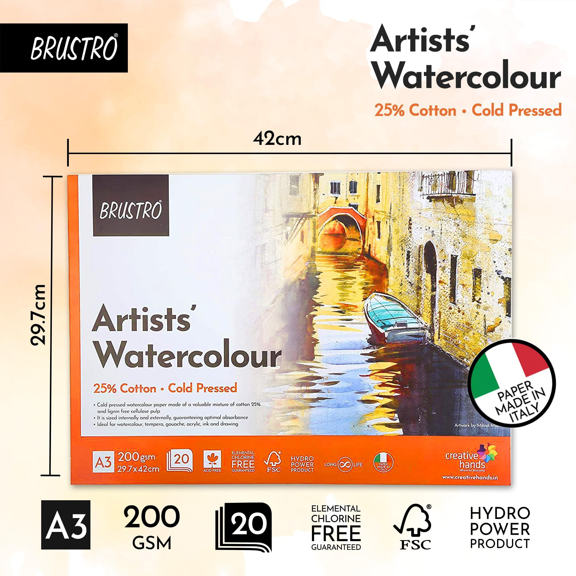 Brustro Artist 25% Cotton Watercolour Glued Paper Pad Cold Pressed 200 Gsm A3-20 Sheets | Ideal For Professional Drawing, Painting, Dry & Wet, Fine Art Students