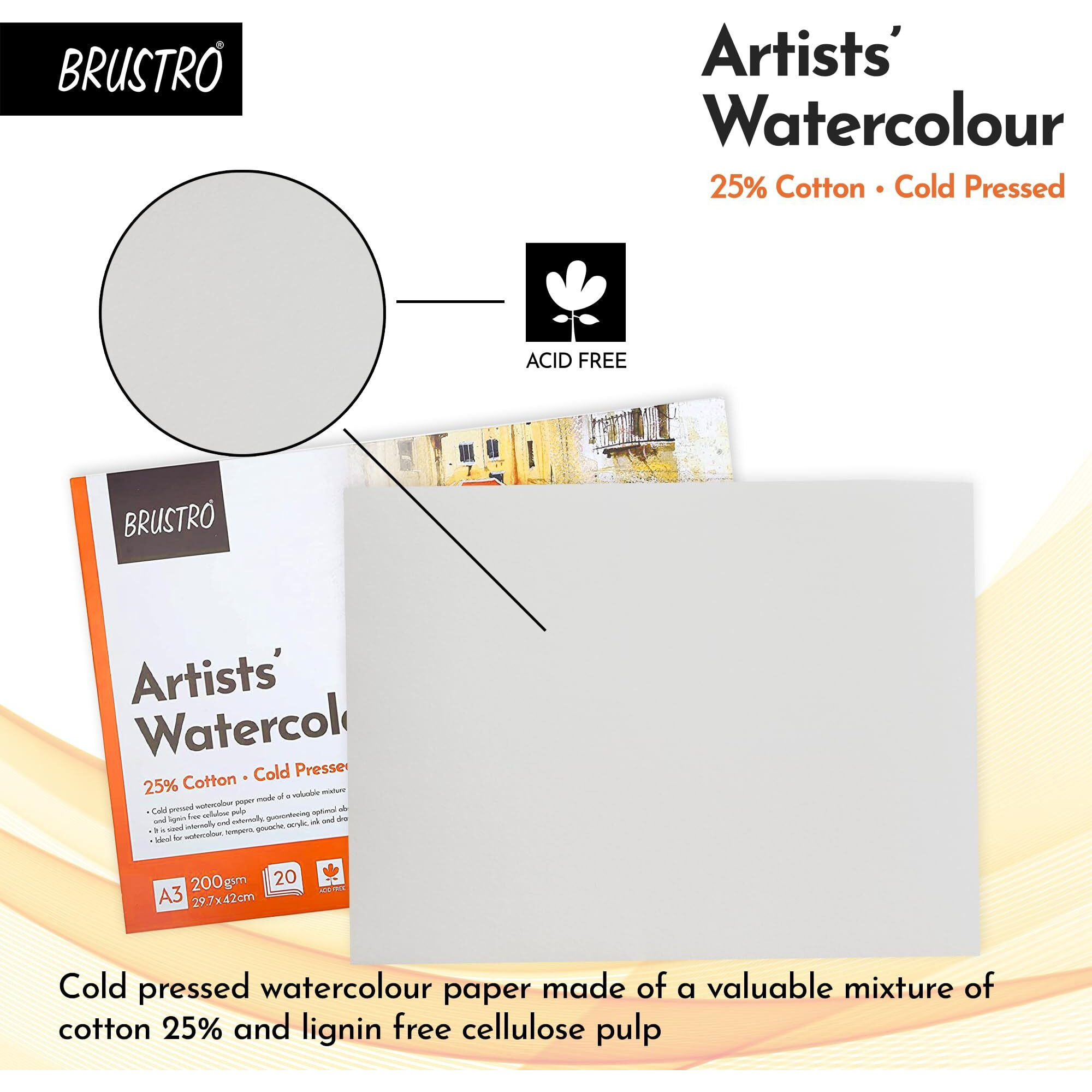 Brustro Artist 25% Cotton Watercolour Glued Paper Pad Cold Pressed 200 Gsm A3-20 Sheets | Ideal For Professional Drawing, Painting, Dry & Wet, Fine Art Students